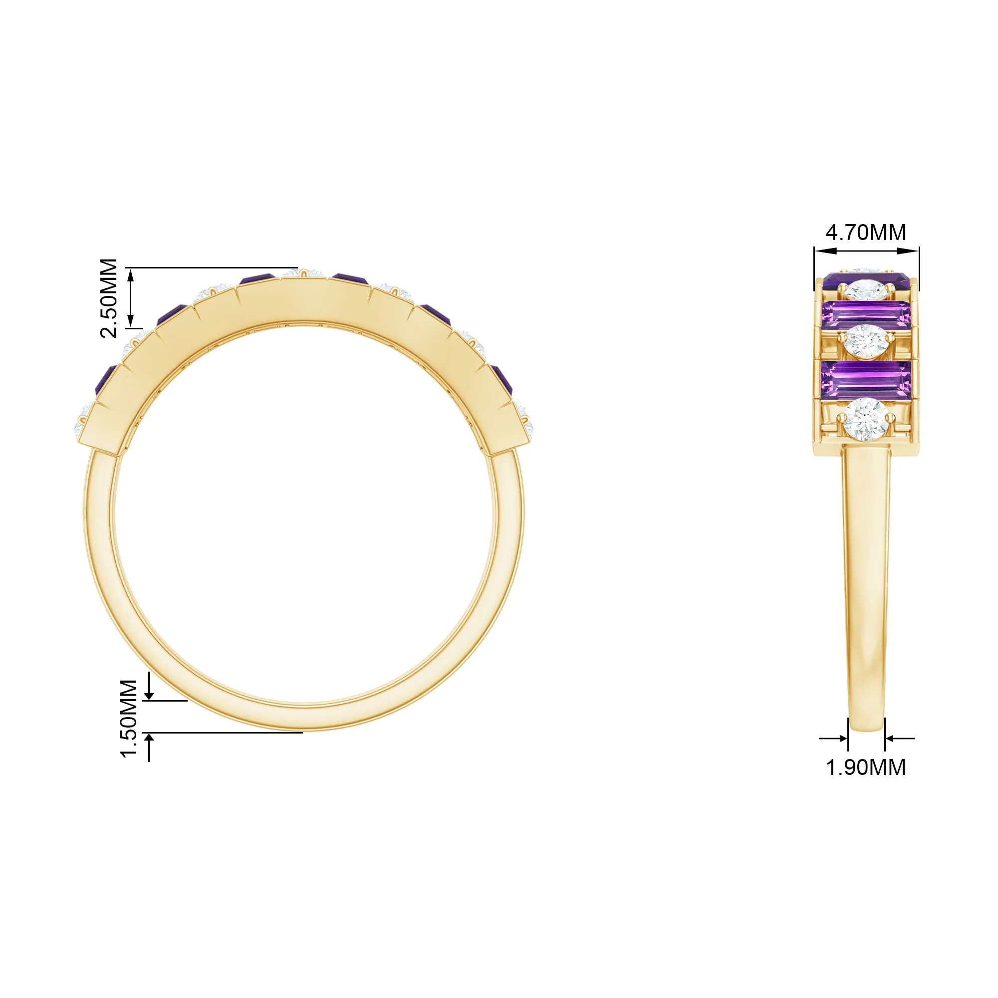 1.25 CT Baguette Cut Amethyst and Round Diamond Wide Band Ring