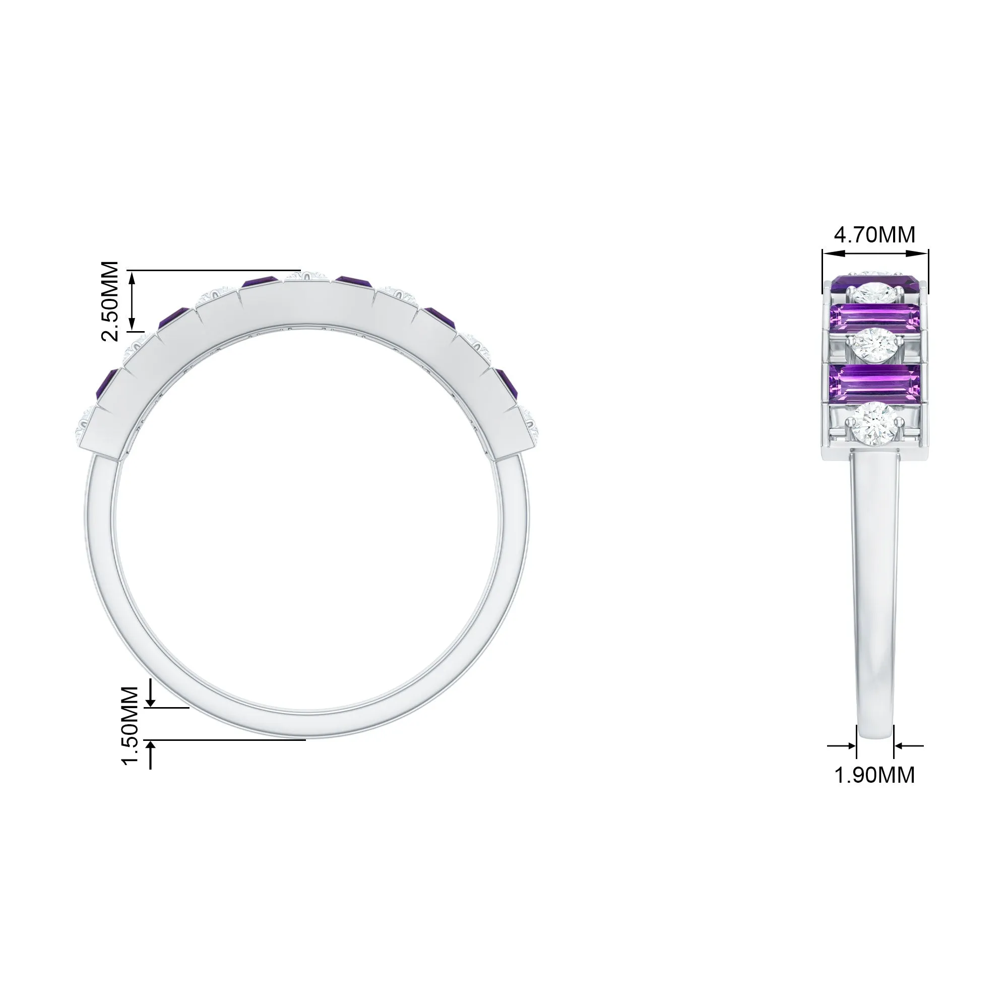 1.25 CT Baguette Cut Amethyst and Round Diamond Wide Band Ring