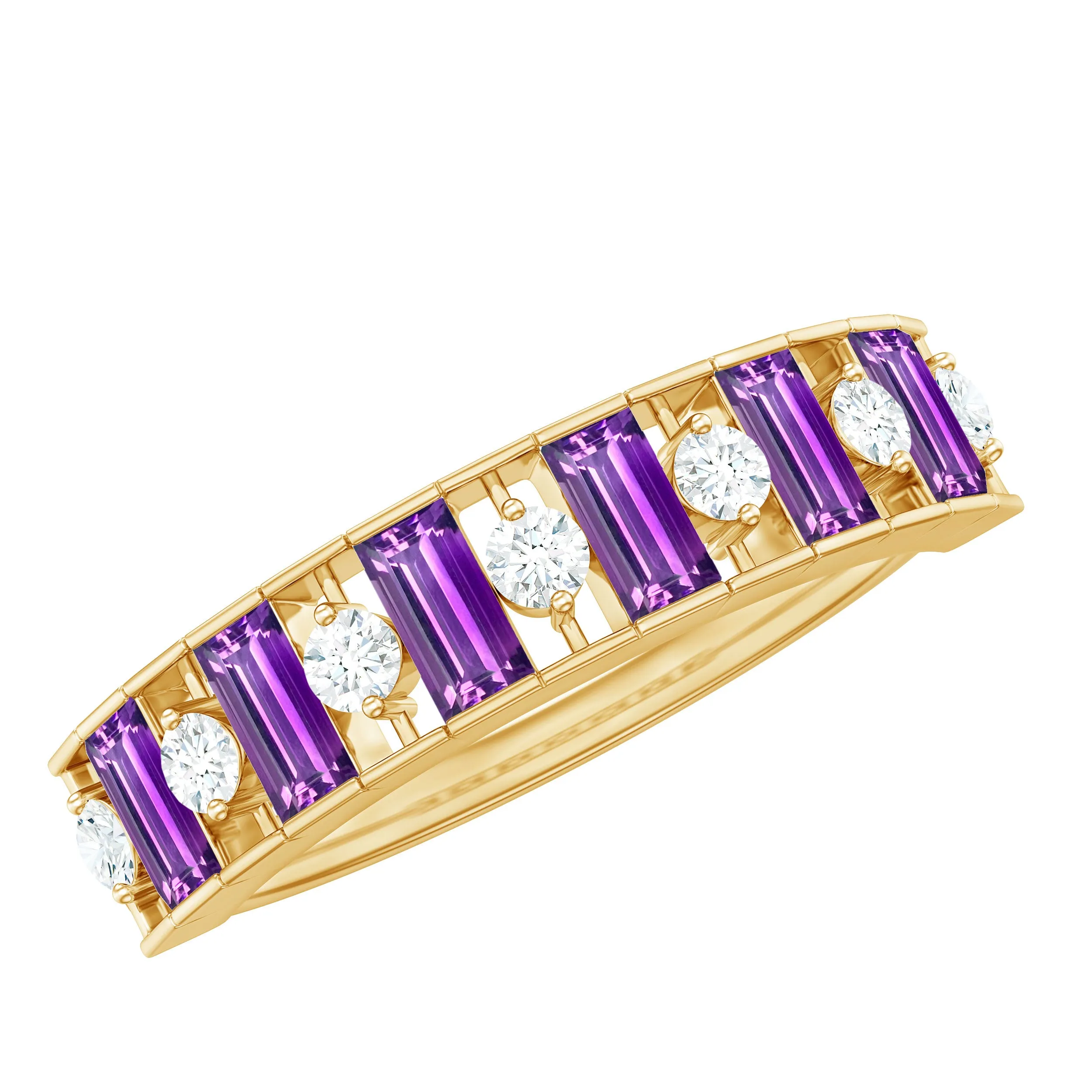 1.25 CT Baguette Cut Amethyst and Round Diamond Wide Band Ring