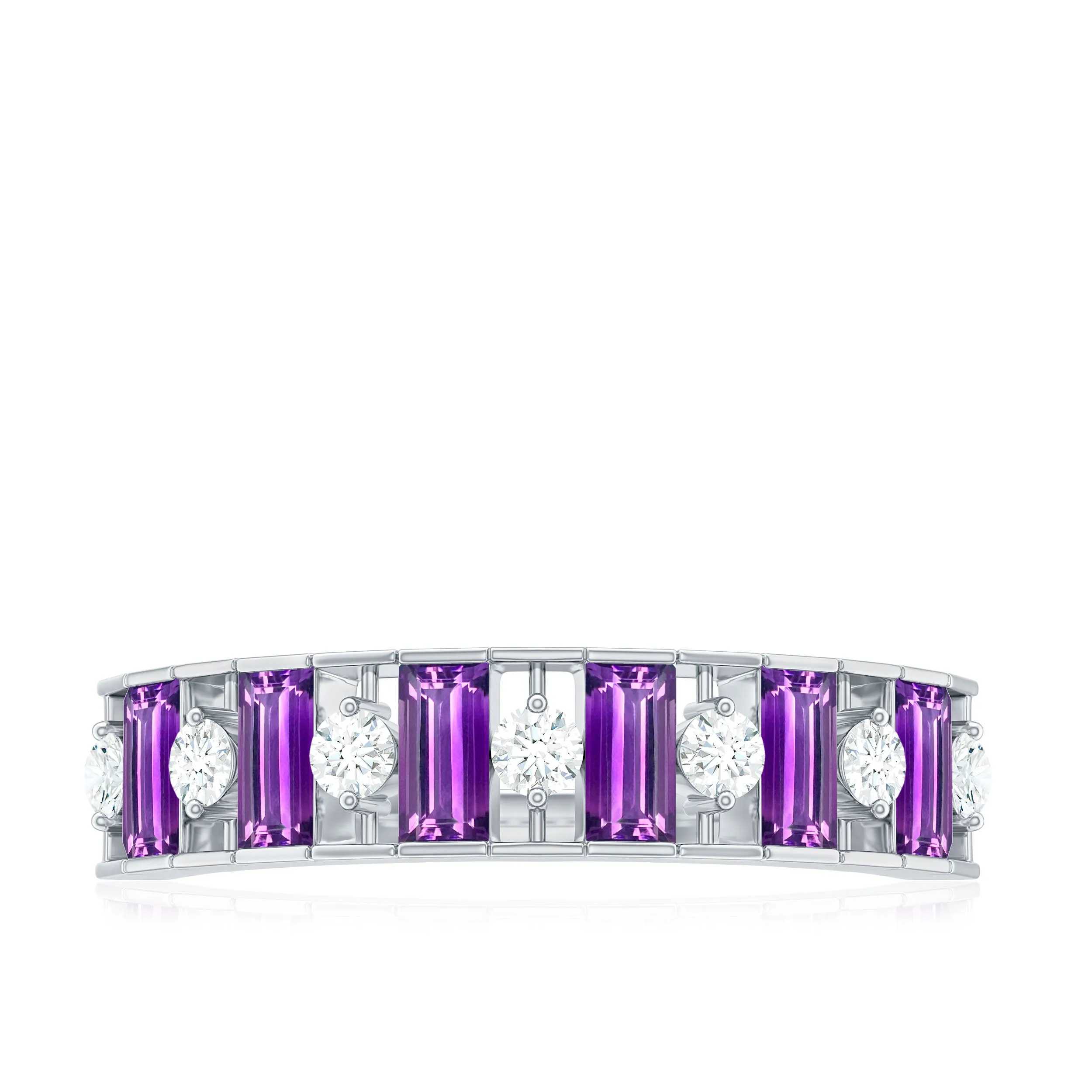 1.25 CT Baguette Cut Amethyst and Round Diamond Wide Band Ring