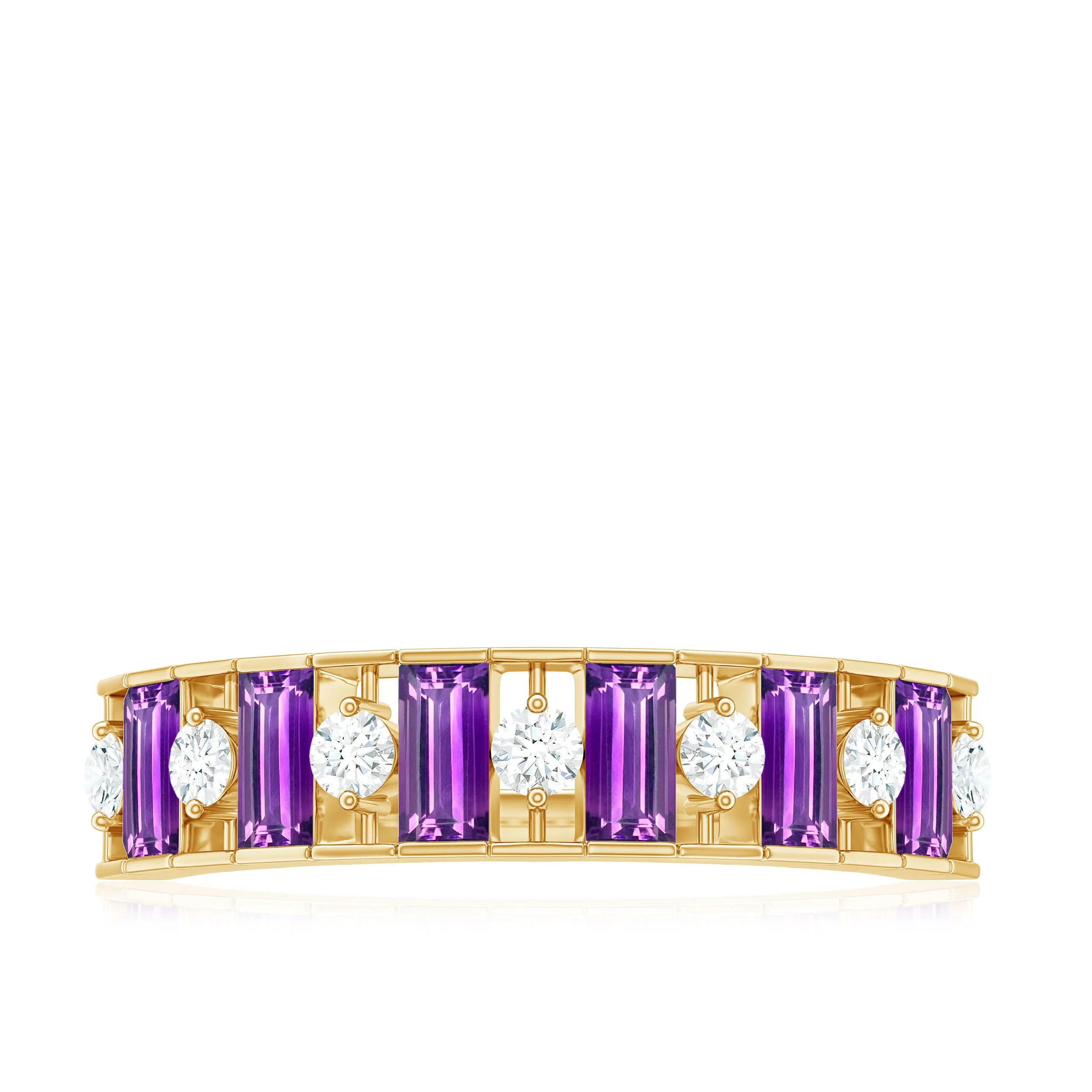 1.25 CT Baguette Cut Amethyst and Round Diamond Wide Band Ring