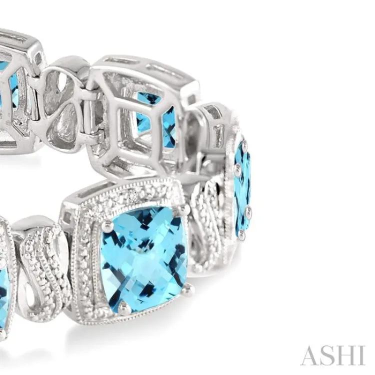 7x7  MM Cushion Shape Blue Topaz and 1/10 ctw Single Cut Diamond Square Shape Bracelet in Sterling Silver