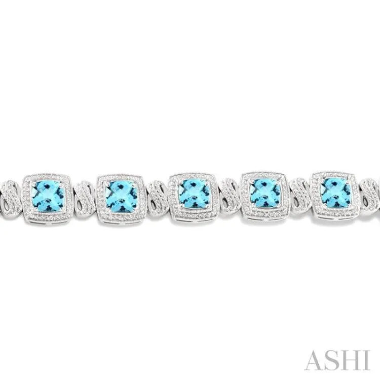 7x7  MM Cushion Shape Blue Topaz and 1/10 ctw Single Cut Diamond Square Shape Bracelet in Sterling Silver