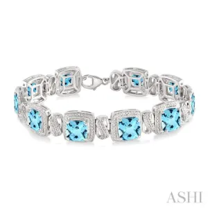 7x7  MM Cushion Shape Blue Topaz and 1/10 ctw Single Cut Diamond Square Shape Bracelet in Sterling Silver