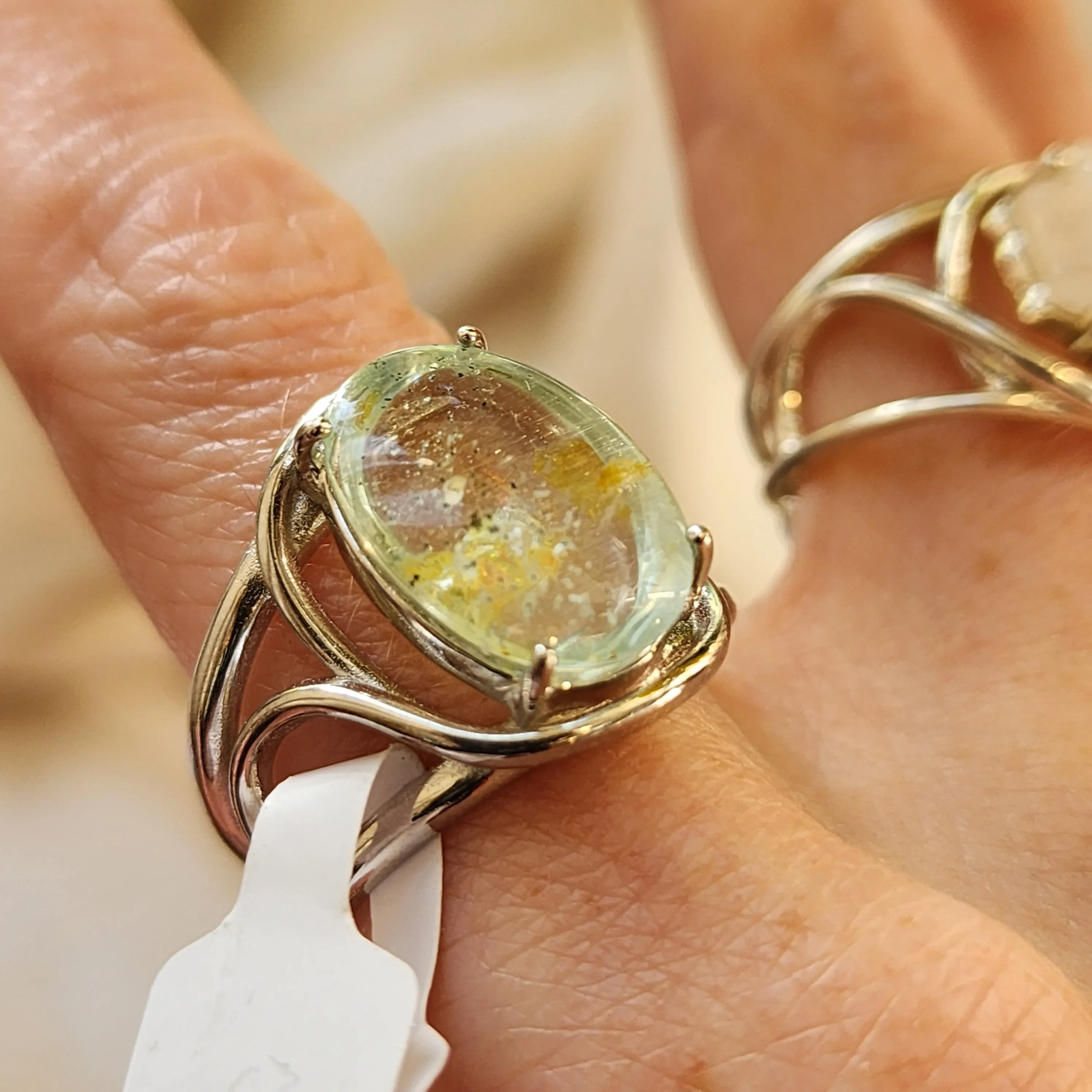 Aquamarine with Limonite Finger Cuff Adjustable Ring .925 Sterling Silver for Improving Communication and Healing