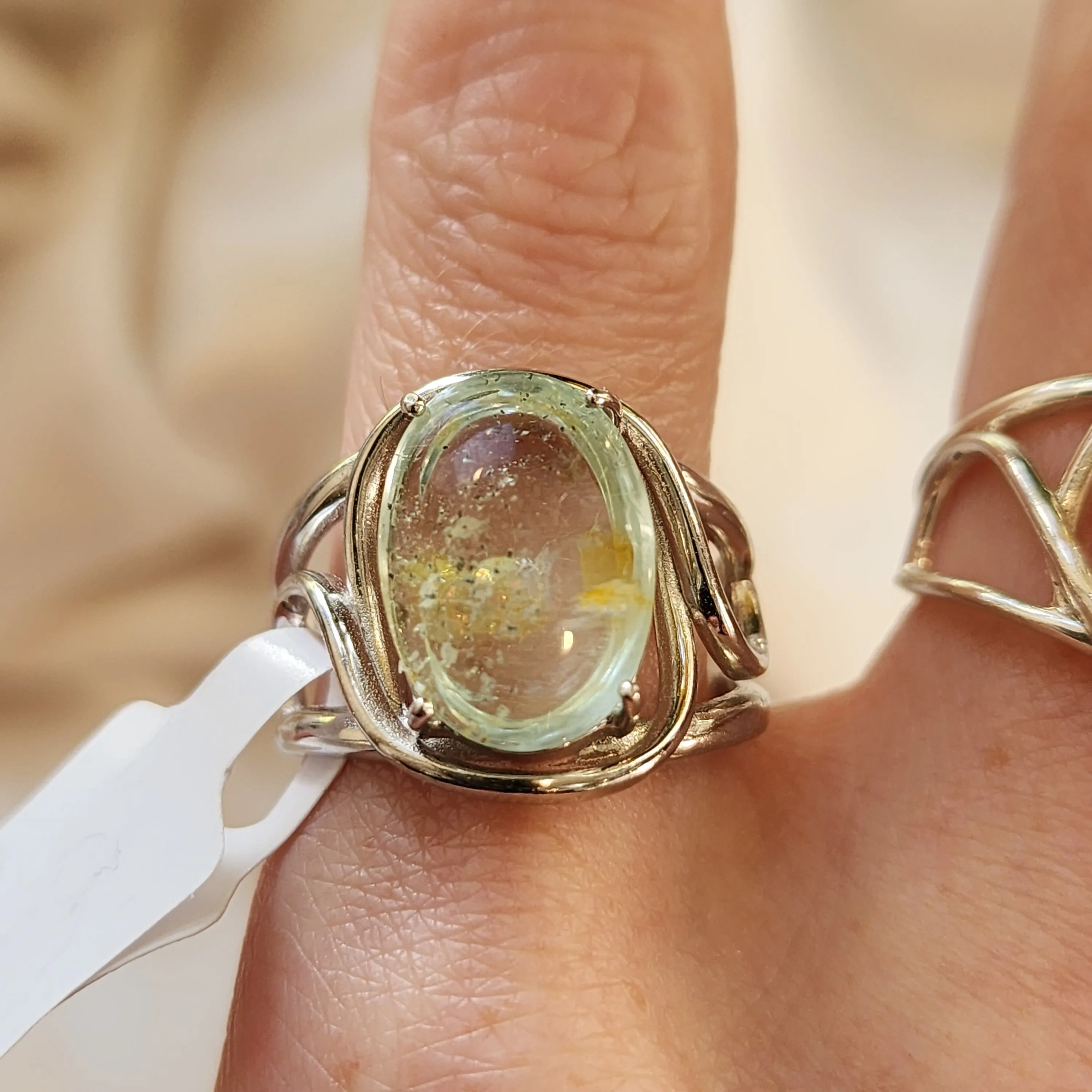 Aquamarine with Limonite Finger Cuff Adjustable Ring .925 Sterling Silver for Improving Communication and Healing
