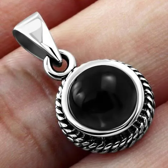 Black Onyx Round Milgrain Edge Silver Pendant