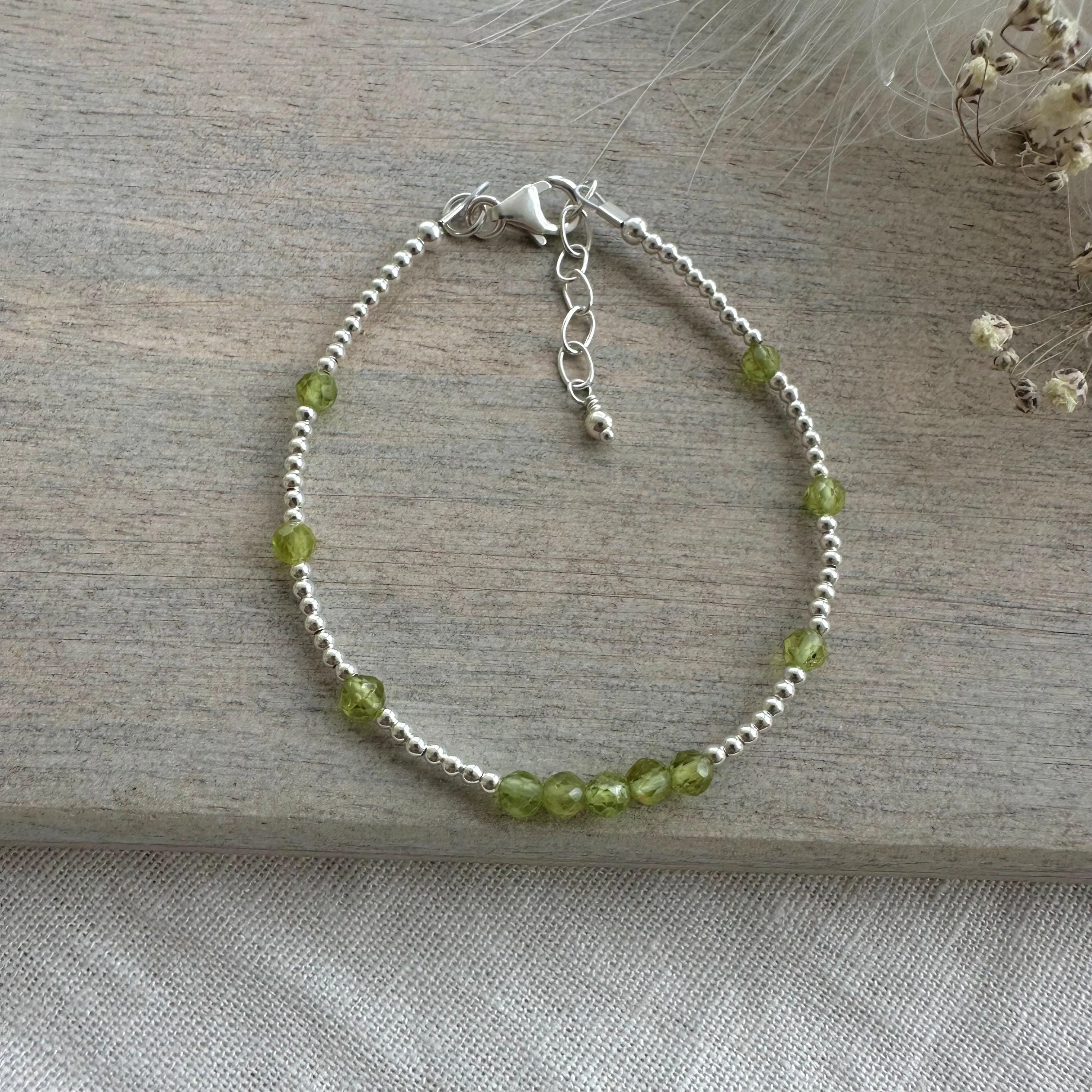 Dainty Peridot Bracelet in Sterling Silver, August Birthstone