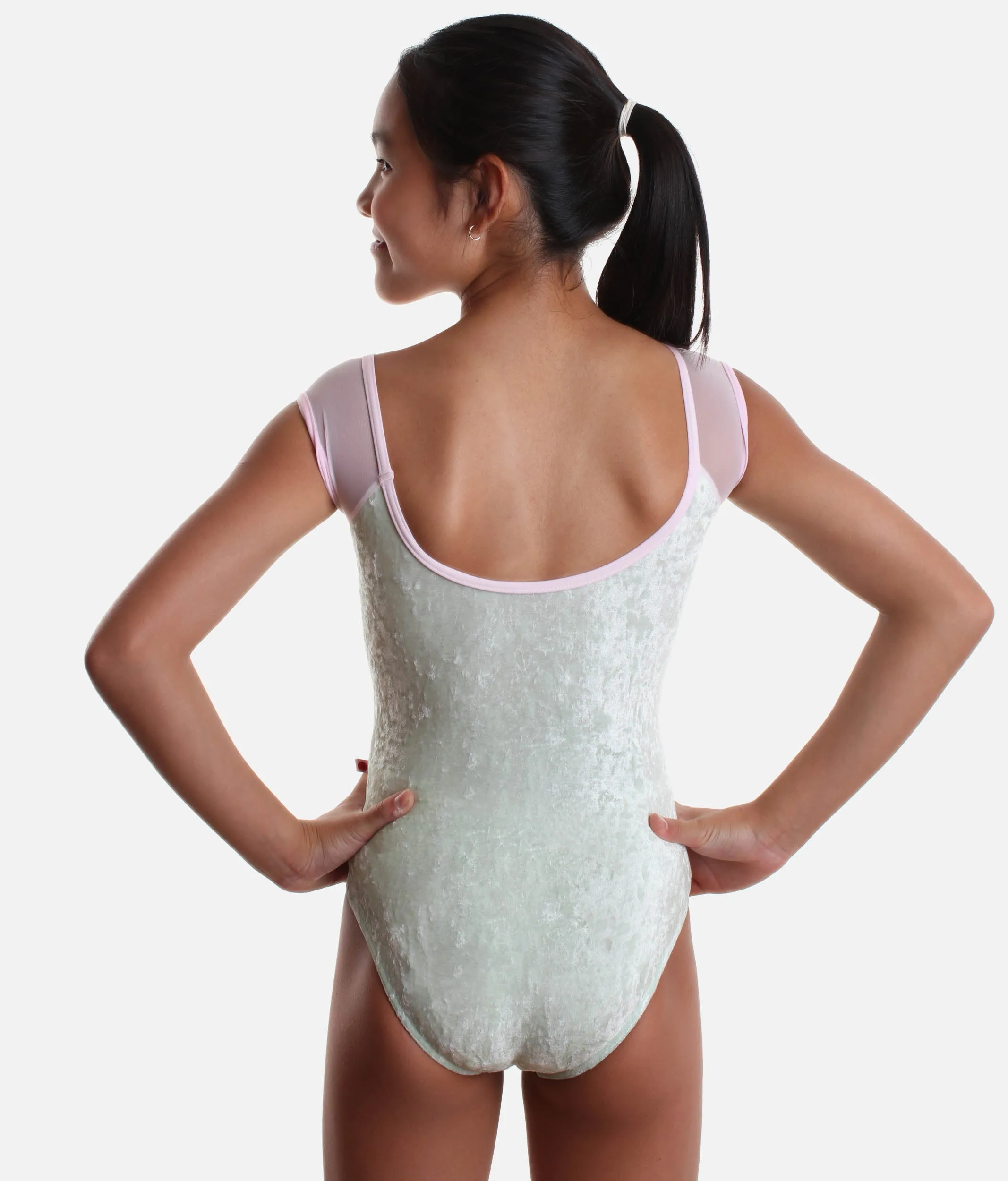 Girls Classic Scoop Neck Ballet Leotard – Luxurious Pistachio Velvet - WENDY
