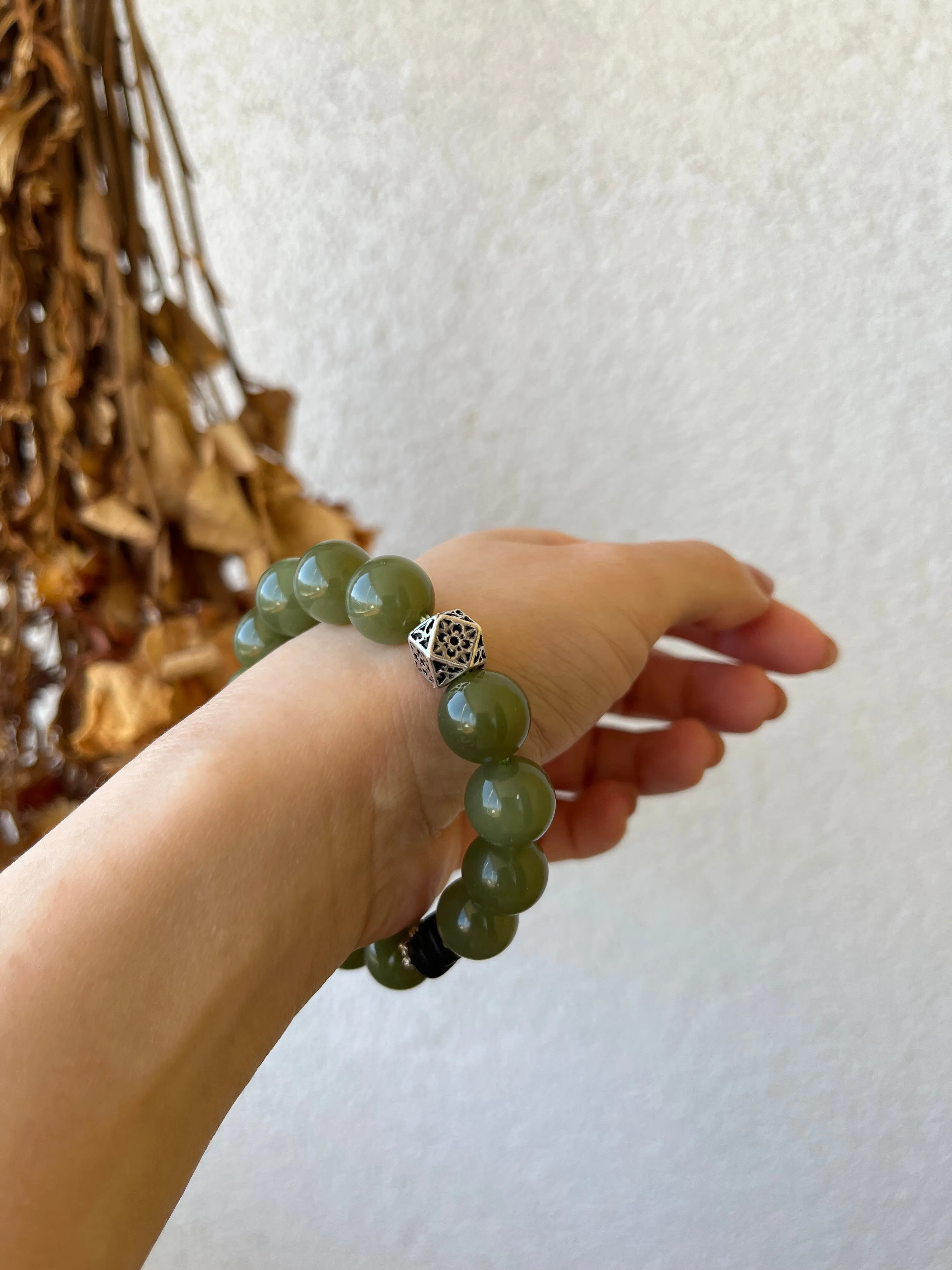 Green Jade Bracelet with 12mm Beads, 和田青黄口手串