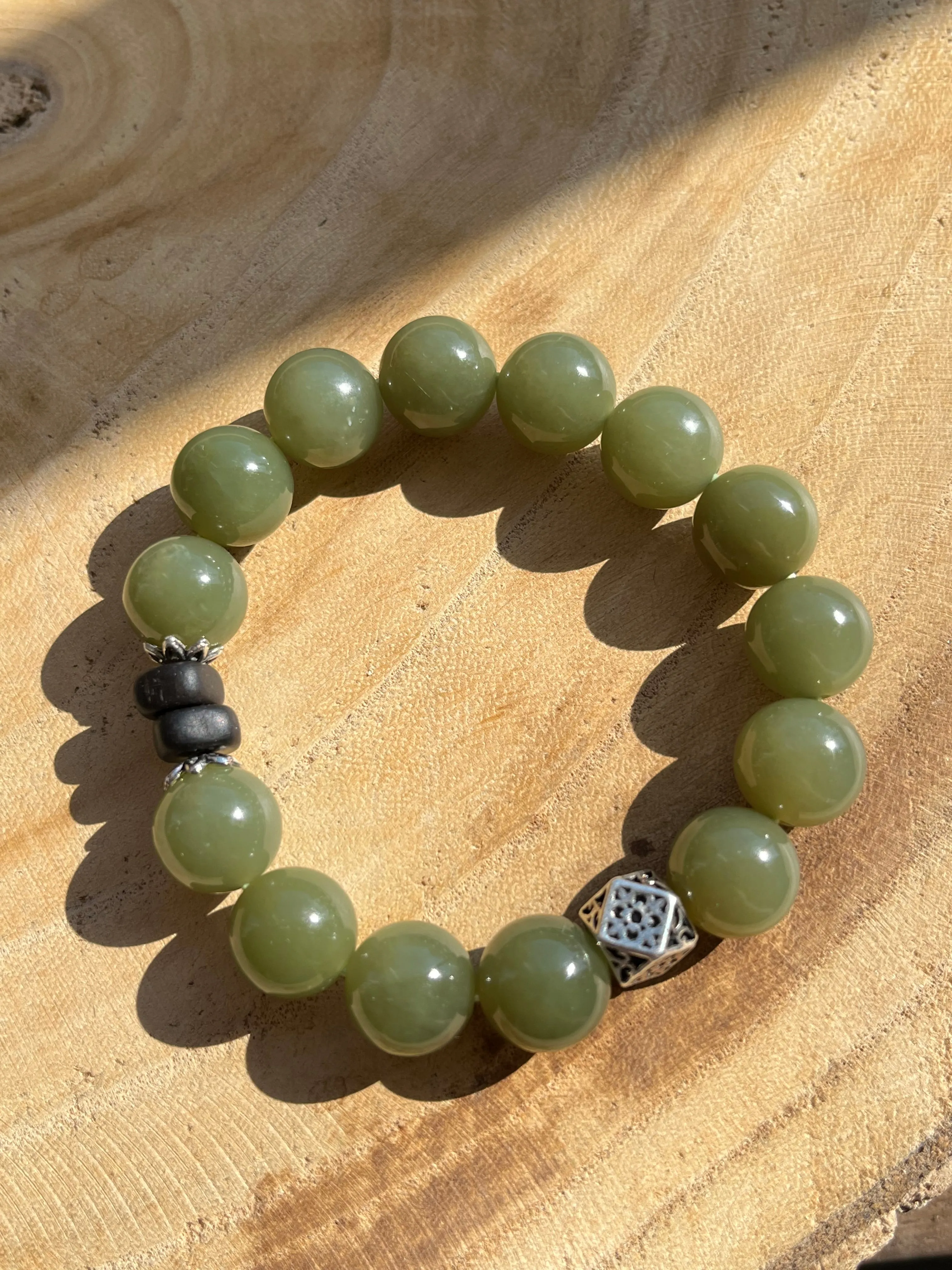 Green Jade Bracelet with 12mm Beads, 和田青黄口手串