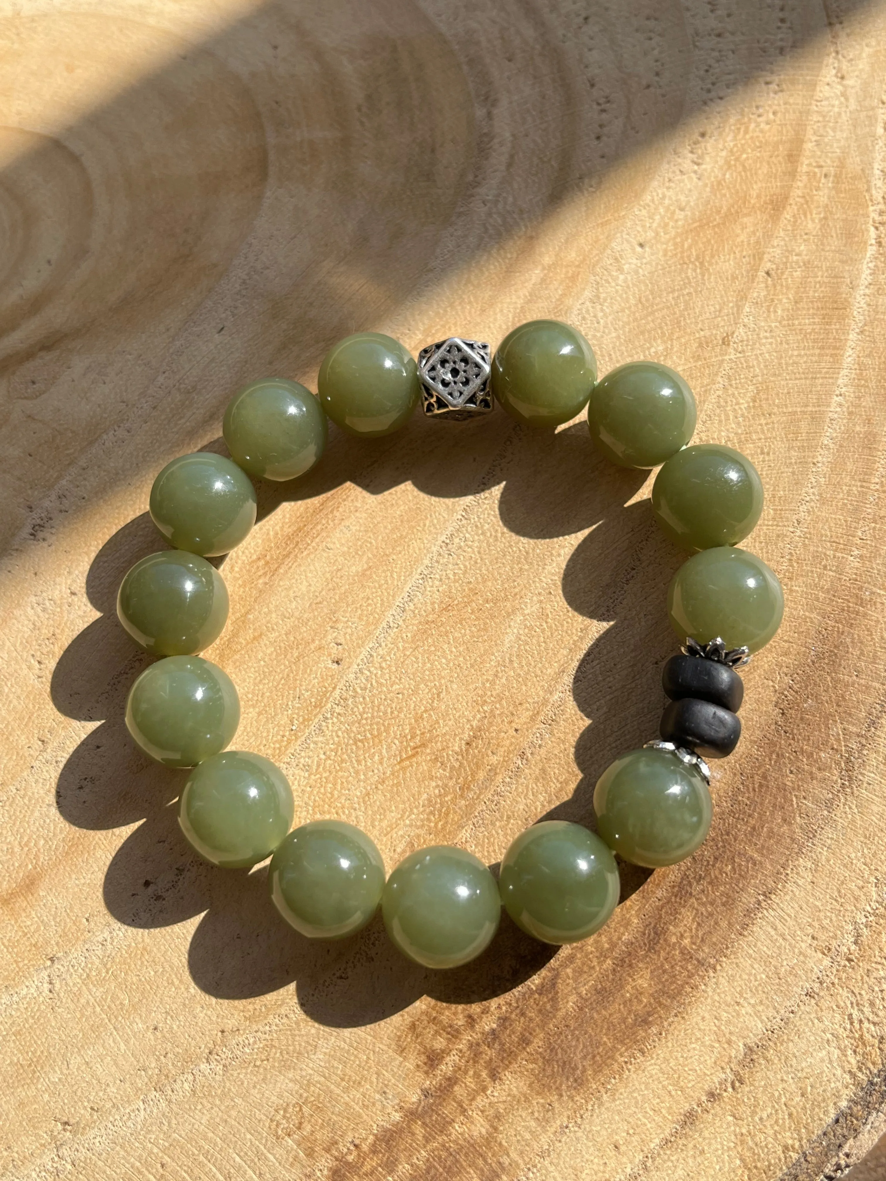 Green Jade Bracelet with 12mm Beads, 和田青黄口手串