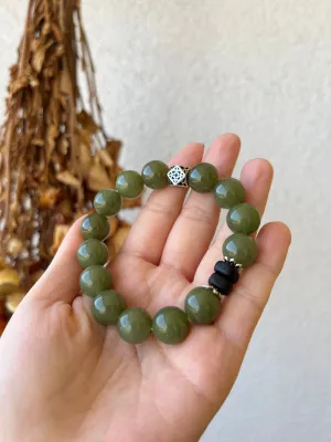 Green Jade Bracelet with 12mm Beads, 和田青黄口手串