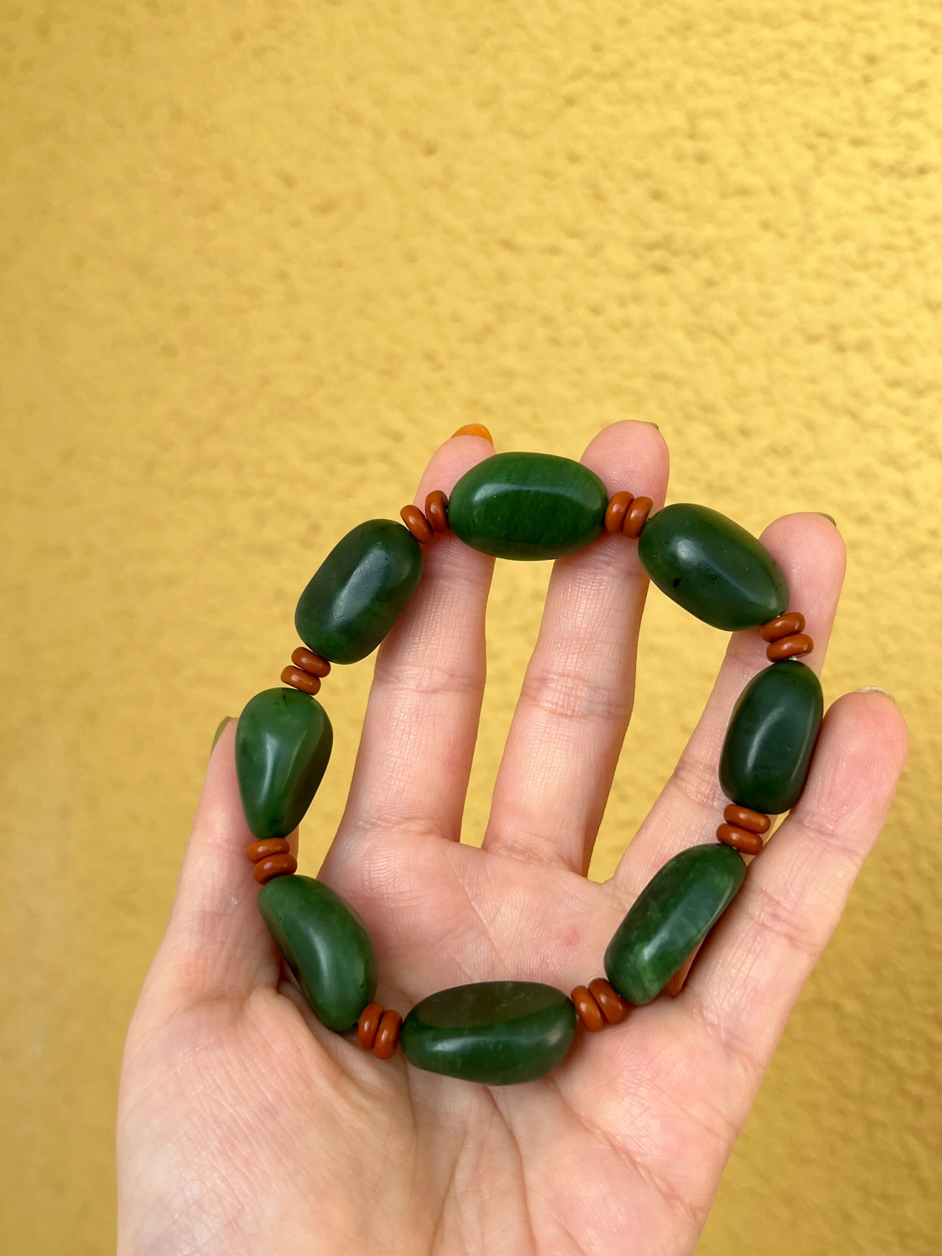 Green Jade Bracelet with Big Irregular Shaped Beads, 碧玉随形大珠子手串
