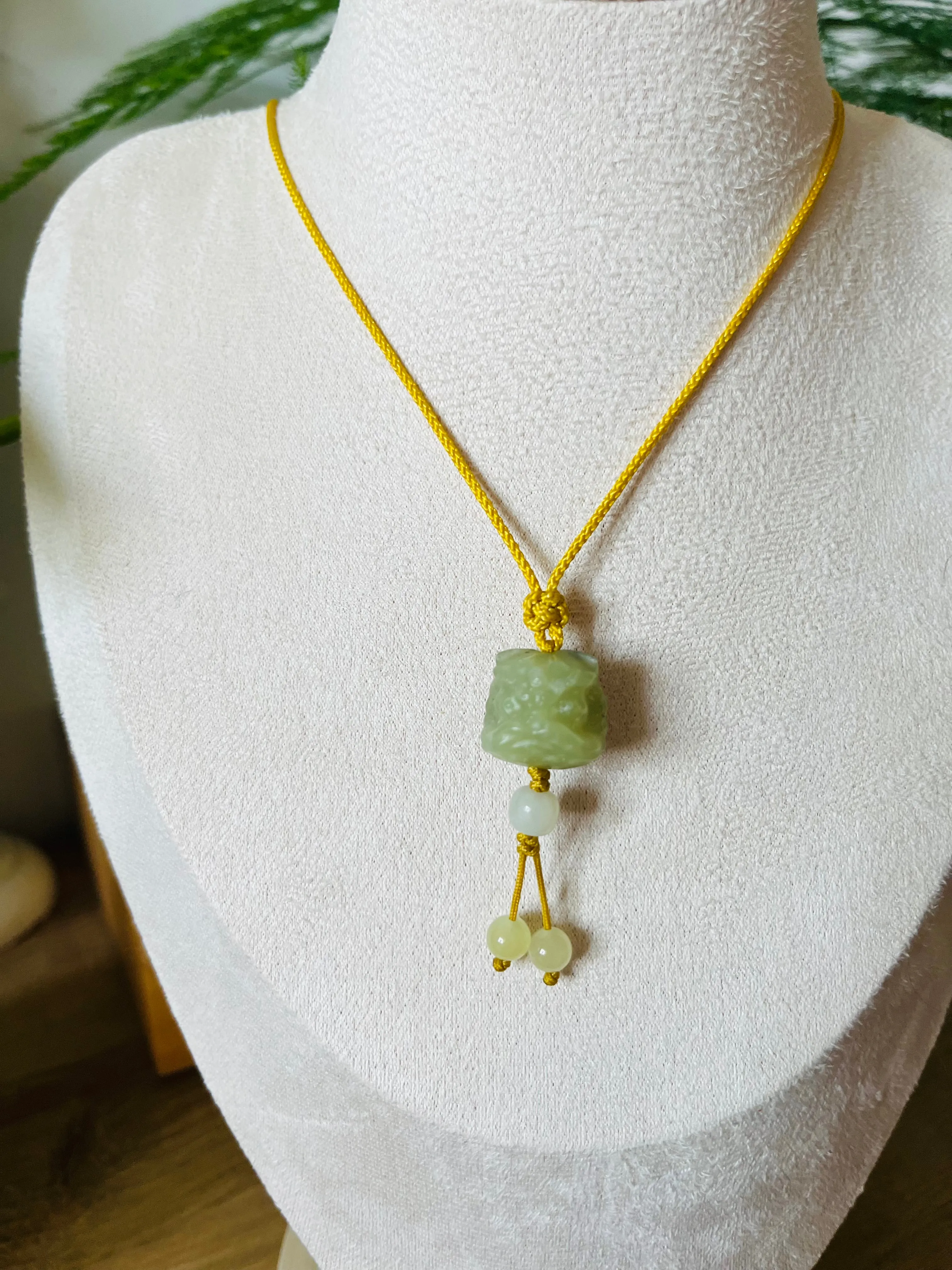 Hand Carved Yellow Jade Chinese Lion Dance Head Pendant