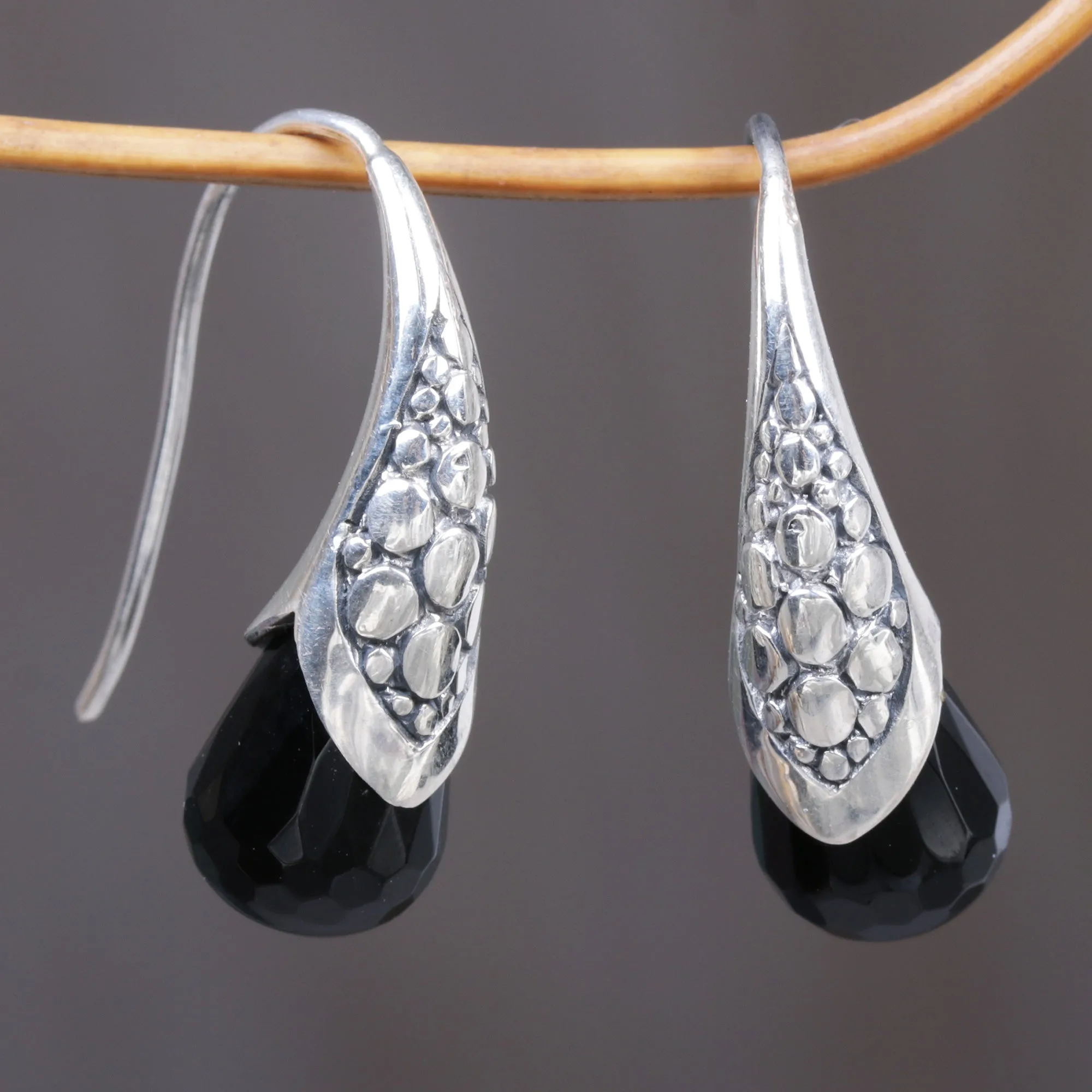 Handcrafted Sterling Silver Onyx Drop Earrings Indonesia - Midnight Spell | NOVICA