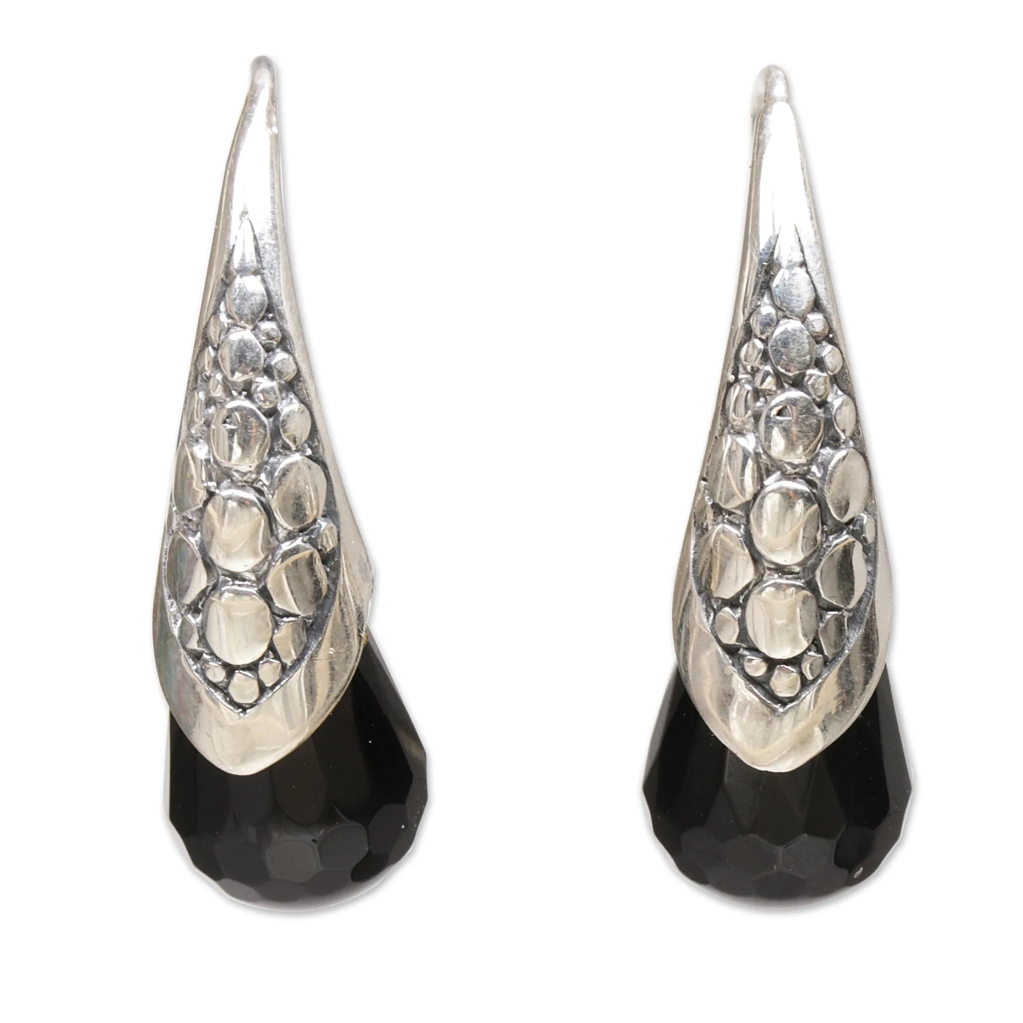 Handcrafted Sterling Silver Onyx Drop Earrings Indonesia - Midnight Spell | NOVICA