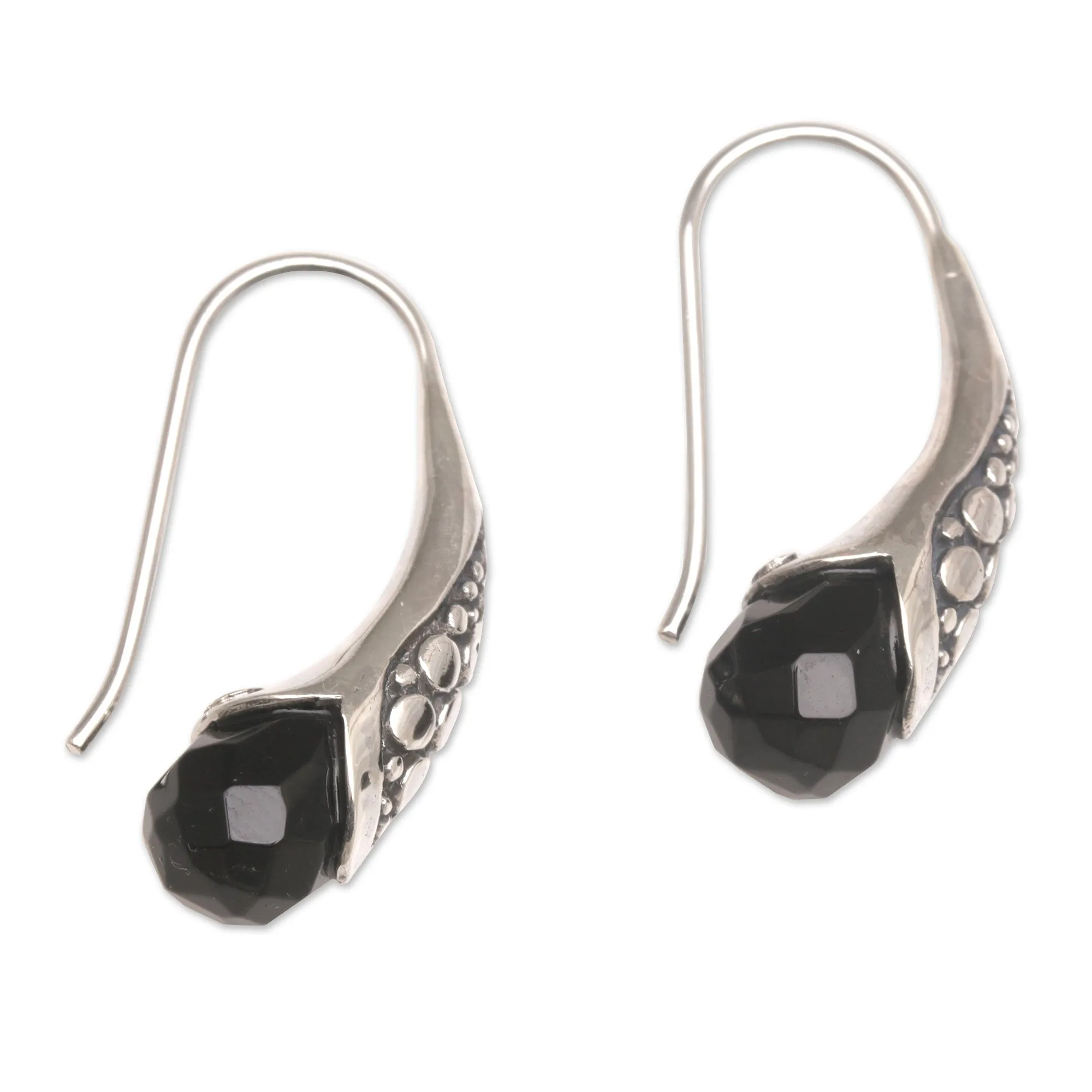 Handcrafted Sterling Silver Onyx Drop Earrings Indonesia - Midnight Spell | NOVICA