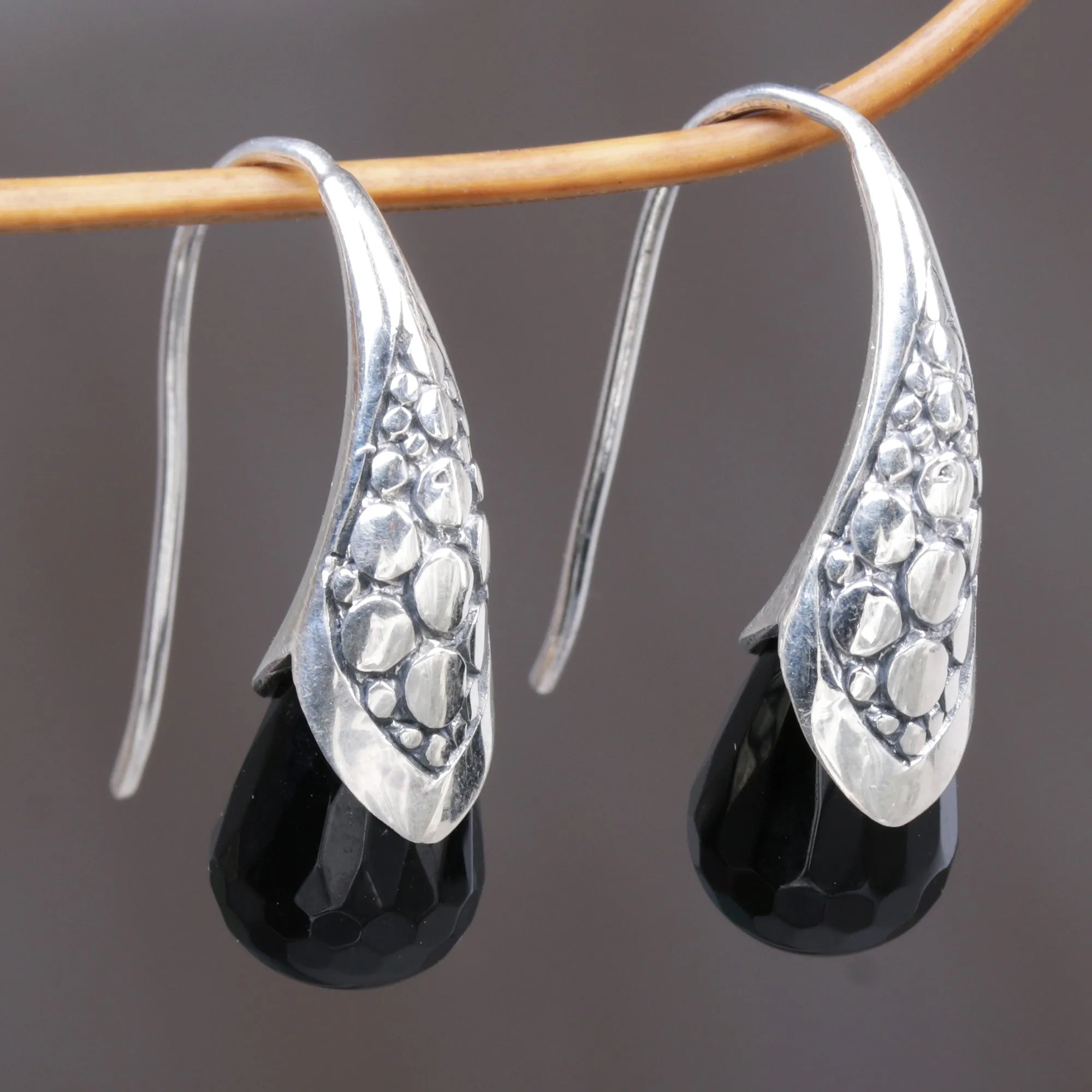 Handcrafted Sterling Silver Onyx Drop Earrings Indonesia - Midnight Spell | NOVICA