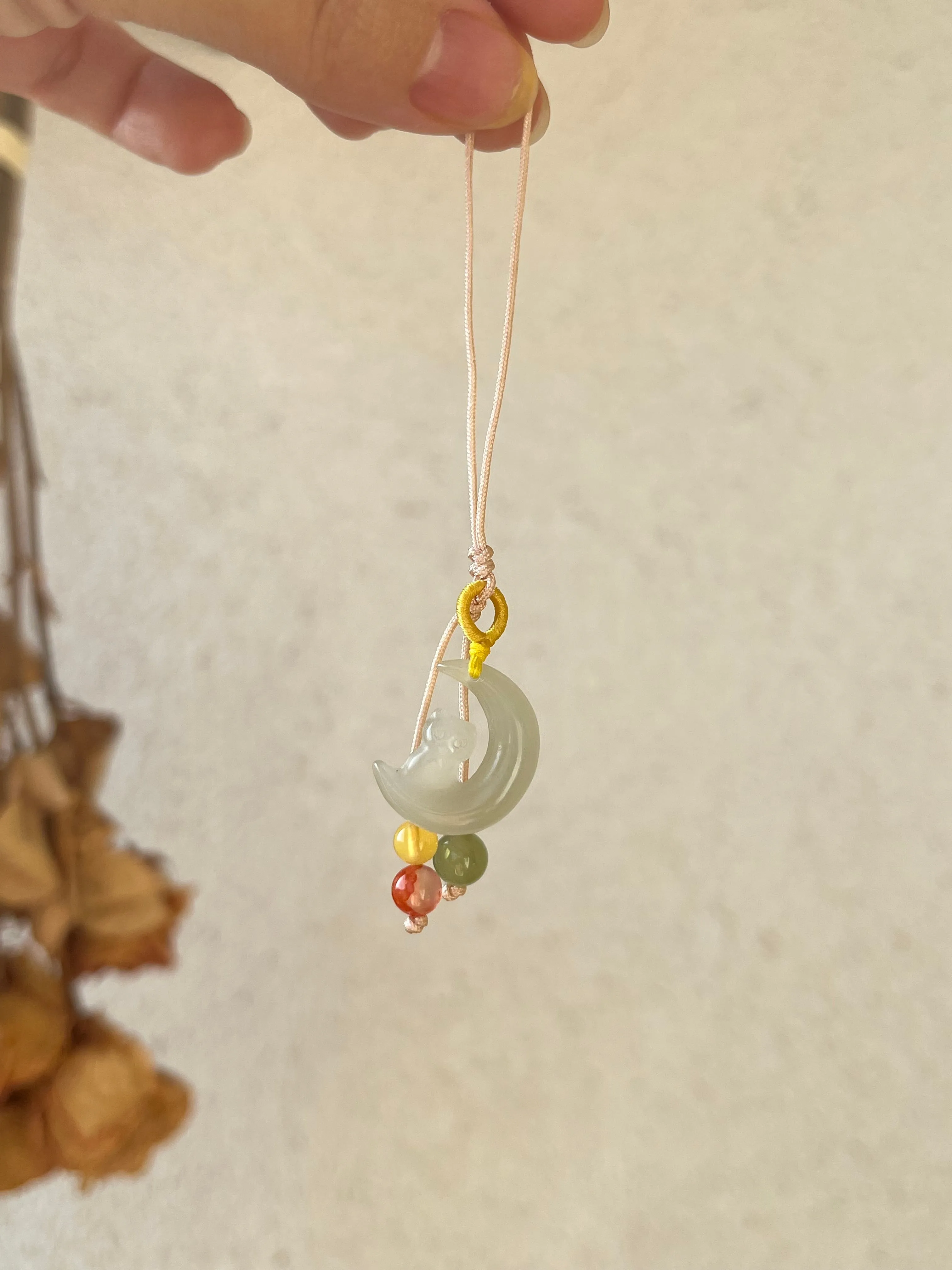 Handmade Phone Charm with a Carved Hetian Jade Cat on the Moon