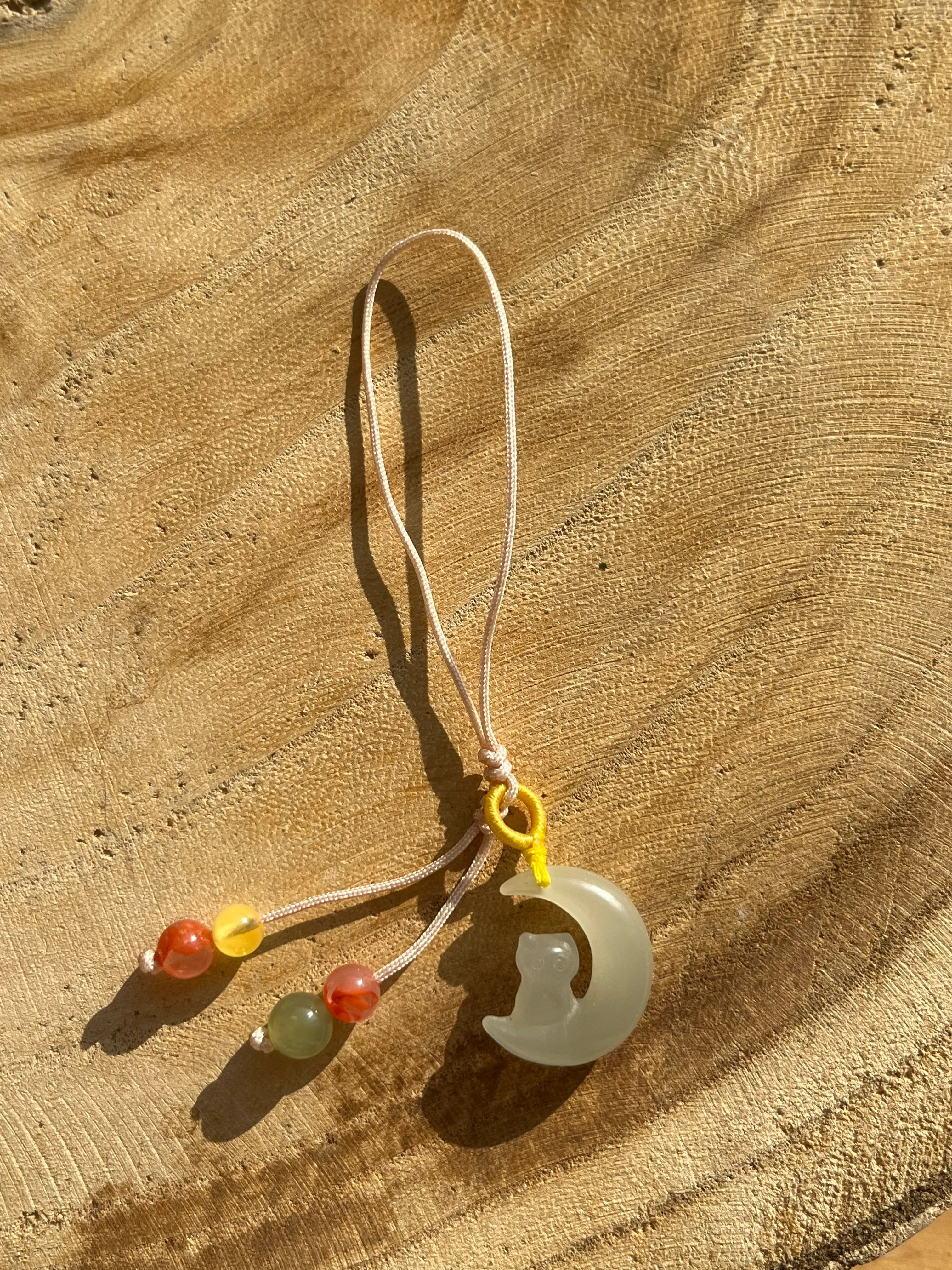 Handmade Phone Charm with a Carved Hetian Jade Cat on the Moon