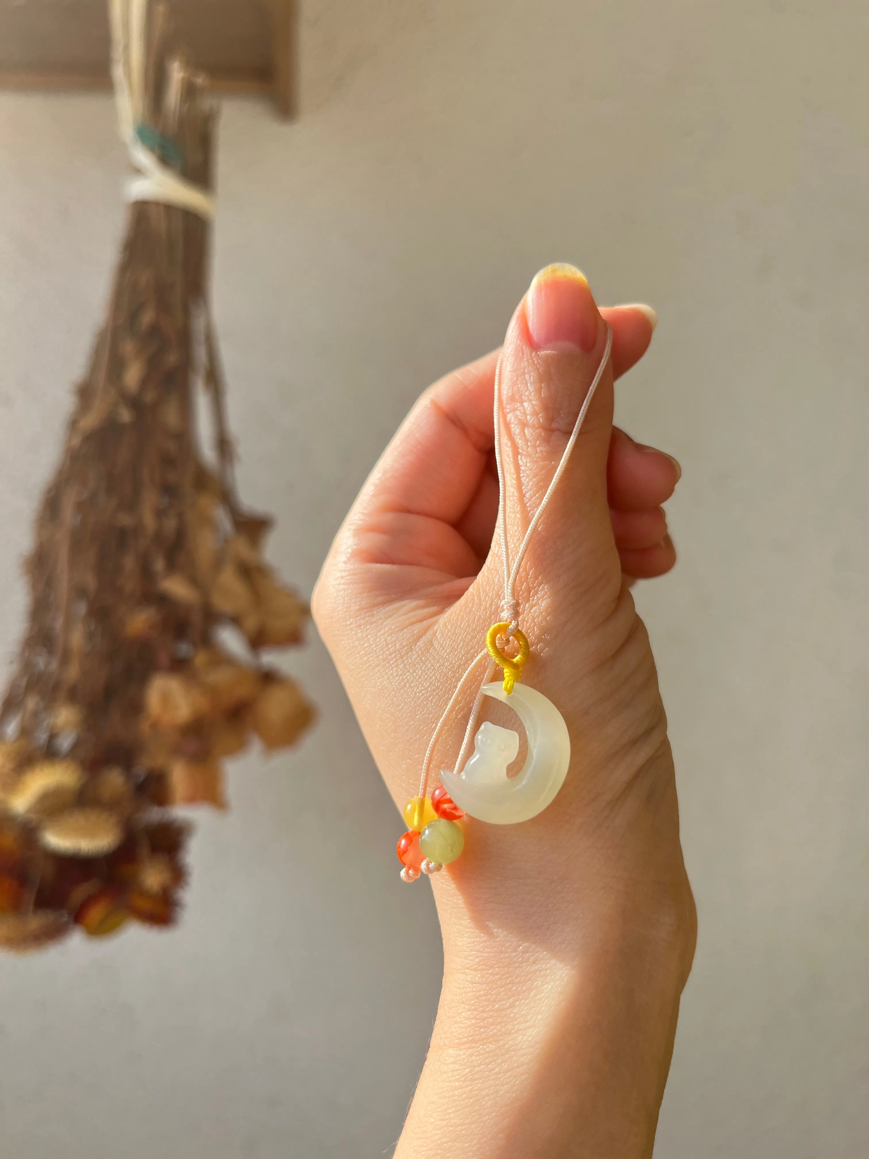 Handmade Phone Charm with a Carved Hetian Jade Cat on the Moon
