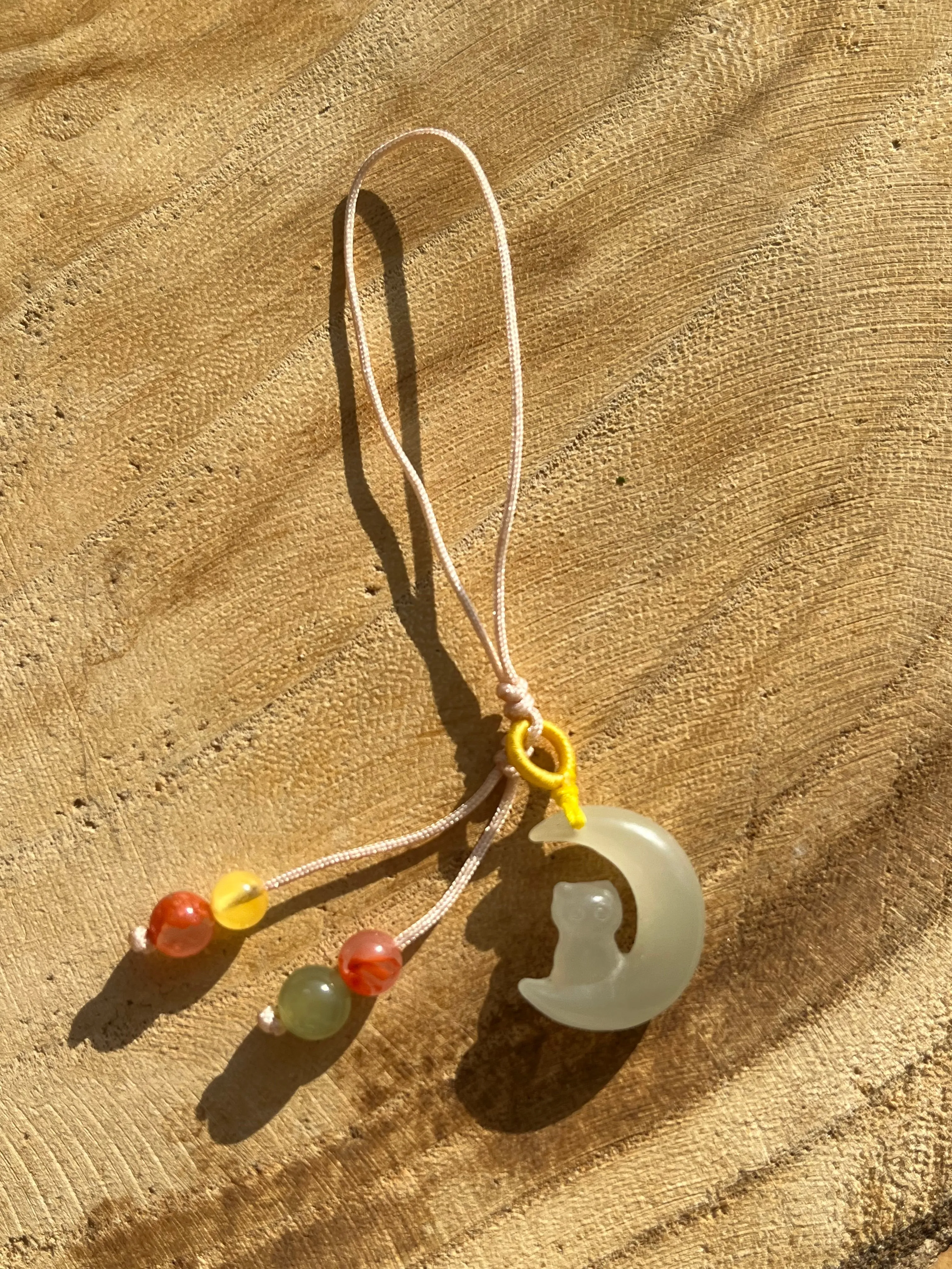 Handmade Phone Charm with a Carved Hetian Jade Cat on the Moon