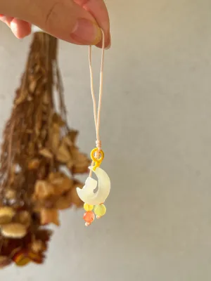 Handmade Phone Charm with a Carved Hetian Jade Cat on the Moon