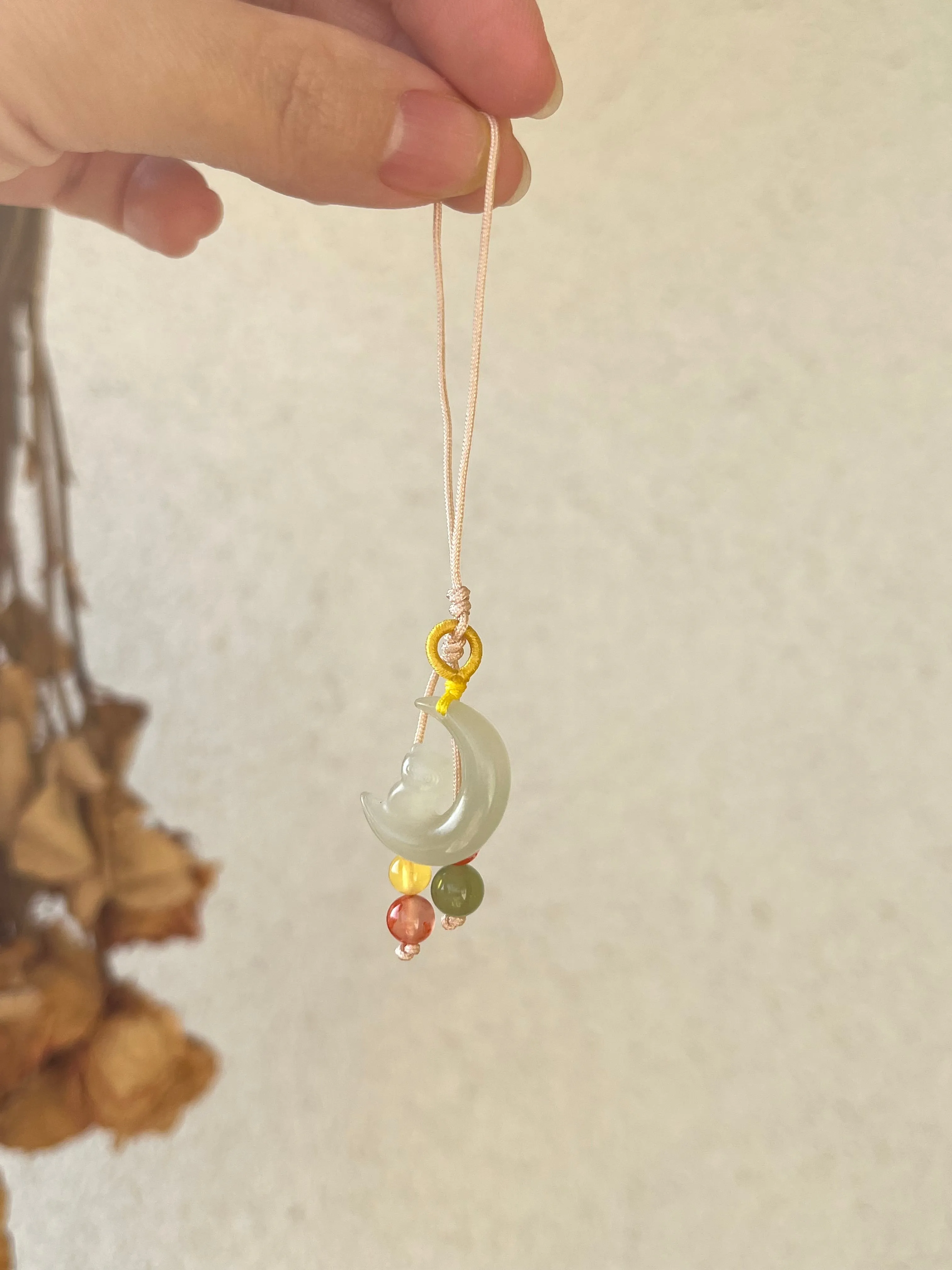 Handmade Phone Charm with a Carved Hetian Jade Cat on the Moon
