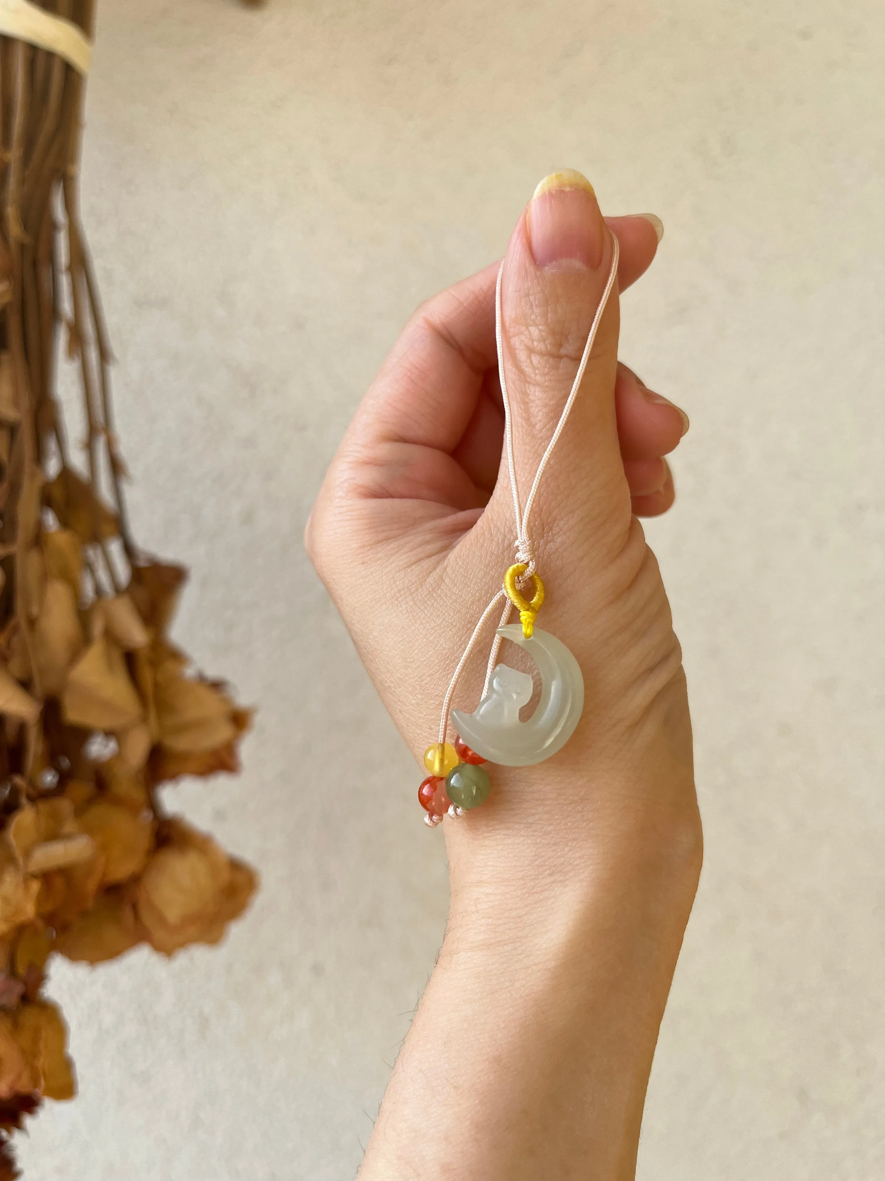 Handmade Phone Charm with a Carved Hetian Jade Cat on the Moon