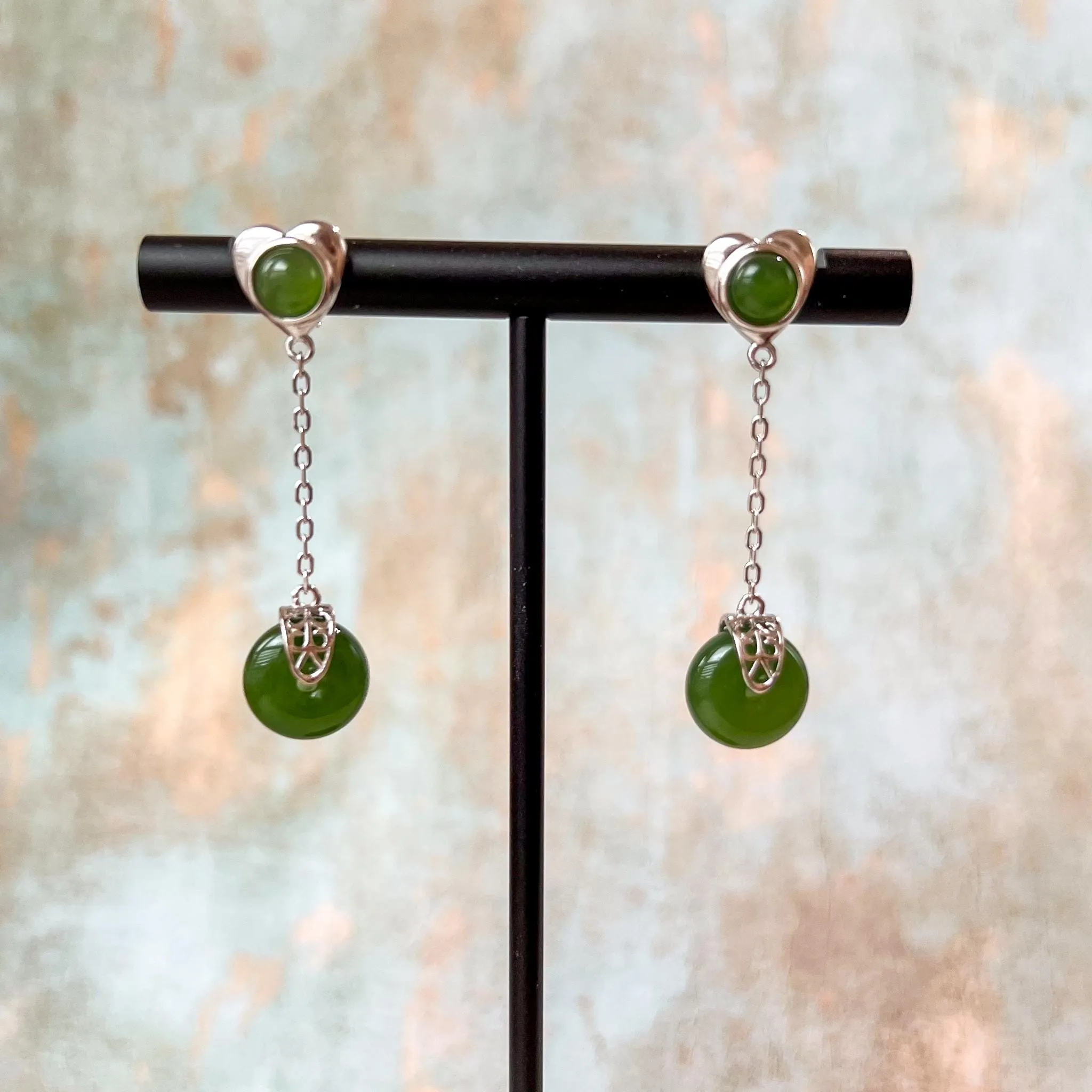 Hearts of Harmony Jade Earring Studs, Green Nephrite Jade Sterling Silver Earrings, JSY-0424-12026