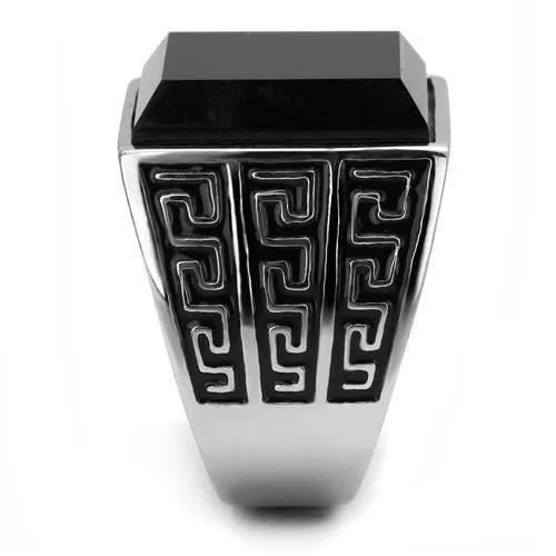 High polished (no plating) Stainless Steel Ring with Synthetic Onyx in Jet for Women Style TK3076