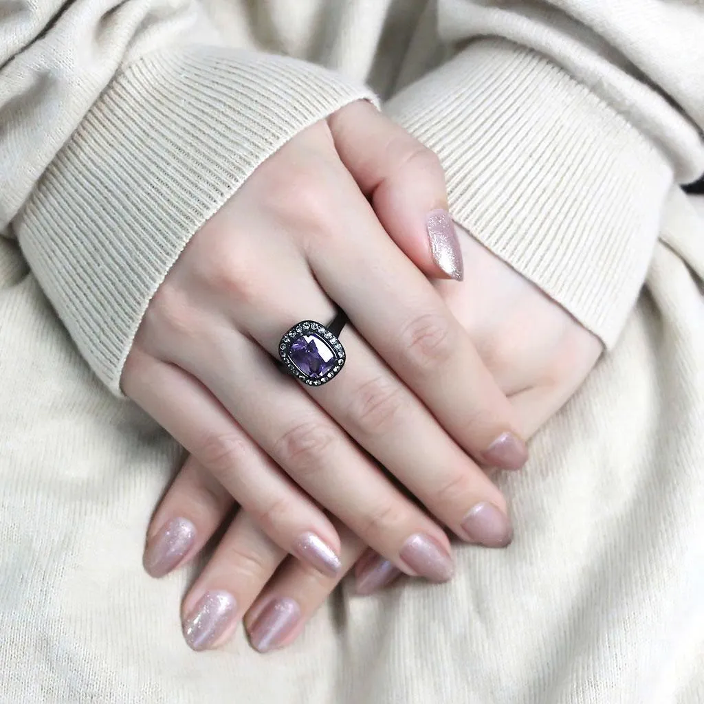 IP Black(Ion Plating) Stainless Steel Ring with AAA Grade CZ in Amethyst for Women Style TK3512
