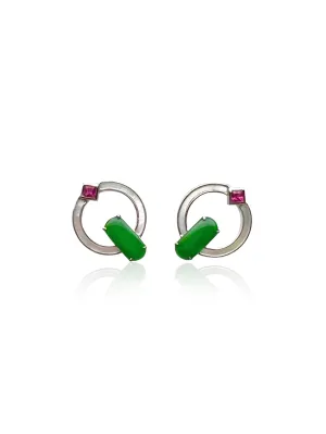 JADEITE EARRINGS IN 18K WHITE GOLD WITH RUBY AND MOTHER OF PEARL