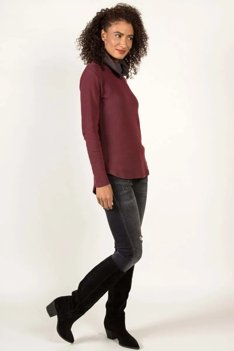 Lightweight Waffle Cowl Pullover in Cherry/Charcoal