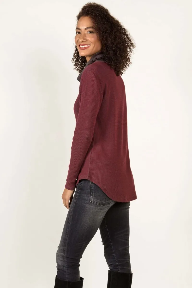 Lightweight Waffle Cowl Pullover in Cherry/Charcoal