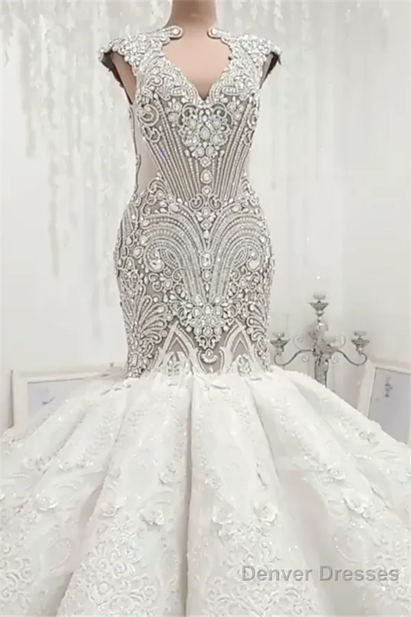 Luxurious Sleeveless Appliques Rhinestones Mermaid Wedding Bridal Gowns