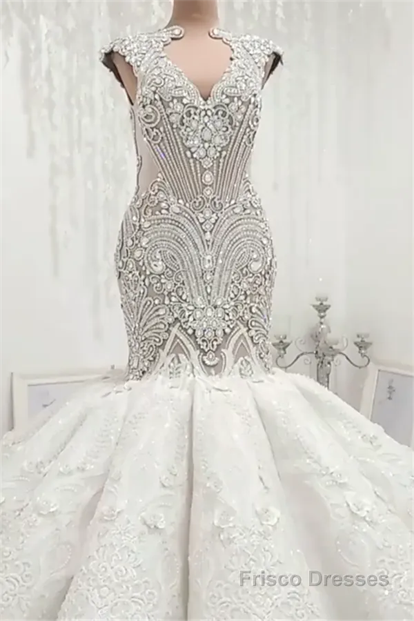 Luxurious Sleeveless Appliques Rhinestones Mermaid Wedding Bridal Gowns