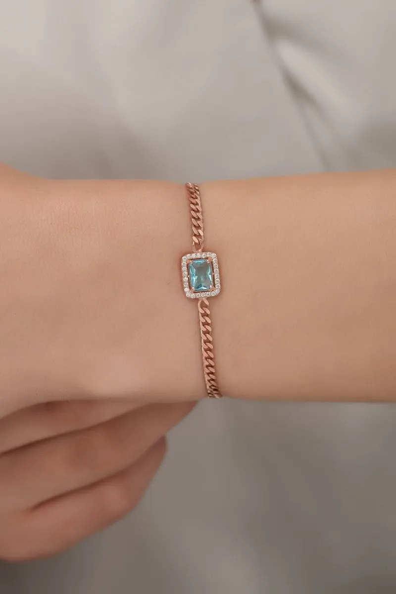 Nereze | Rose Gourmet Chain Aquamarine Single Stone Bracelet