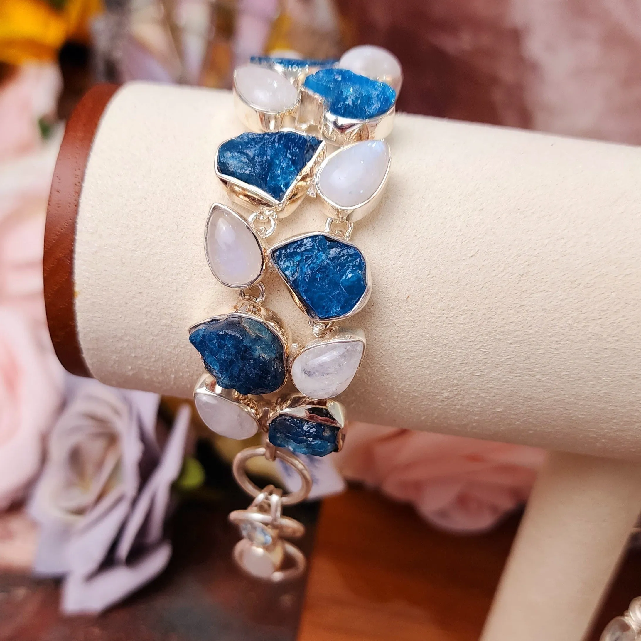 Paraíba Blue Apatite with Rainbow Moonstone Statement Bracelet .925 Silver for Starting Fresh and Healthy Choices
