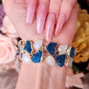 Paraíba Blue Apatite with Rainbow Moonstone Statement Bracelet .925 Silver for Starting Fresh and Healthy Choices