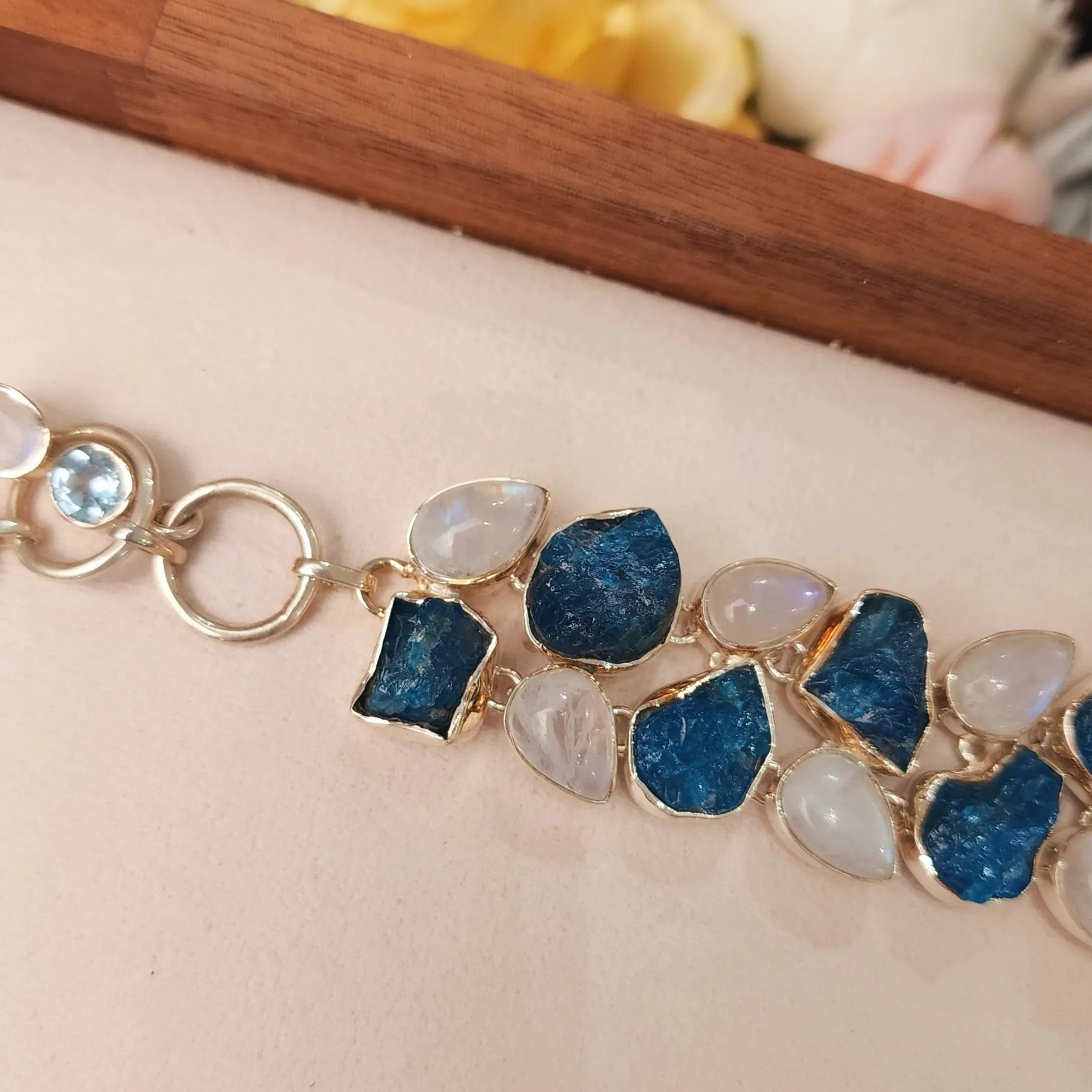 Paraíba Blue Apatite with Rainbow Moonstone Statement Bracelet .925 Silver for Starting Fresh and Healthy Choices