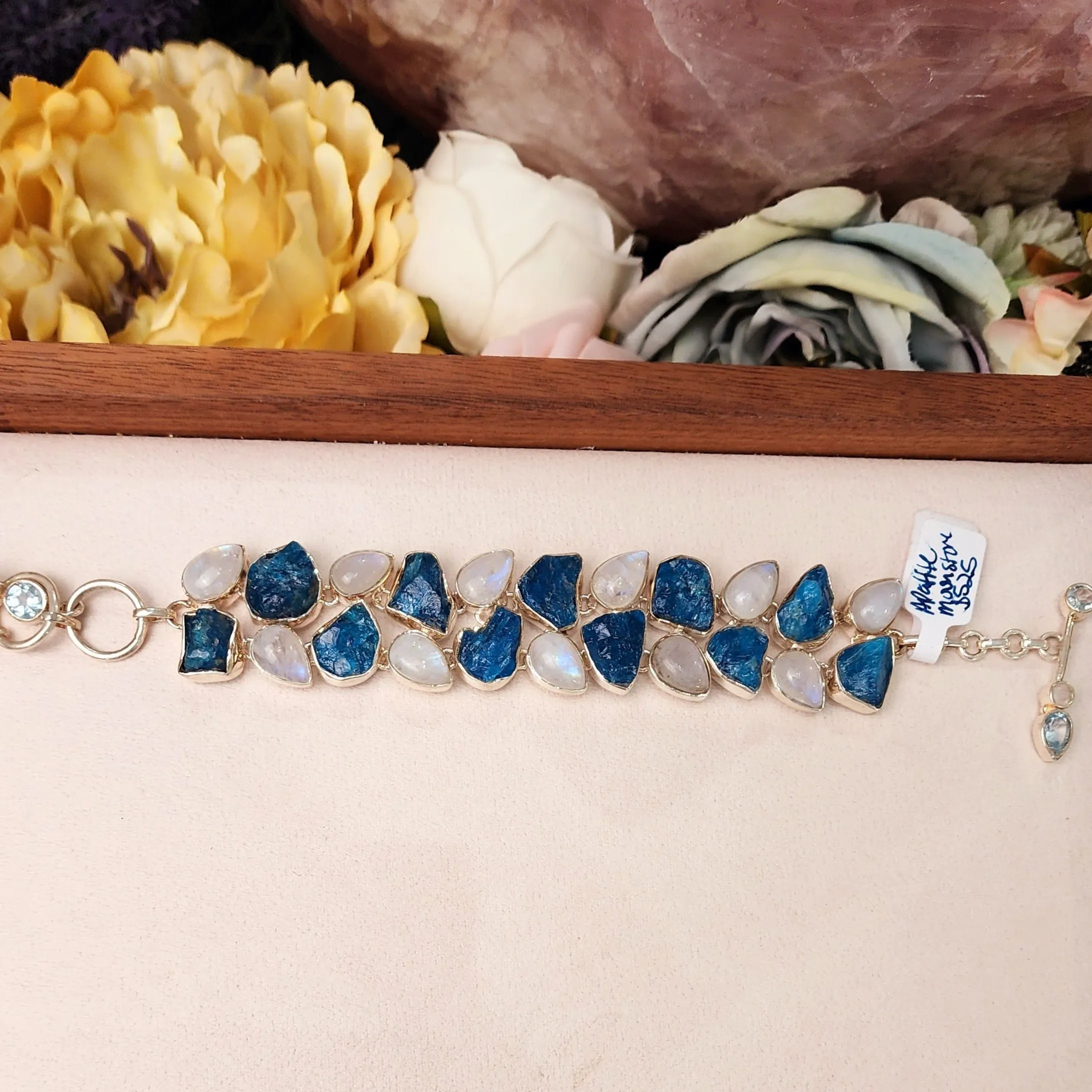 Paraíba Blue Apatite with Rainbow Moonstone Statement Bracelet .925 Silver for Starting Fresh and Healthy Choices