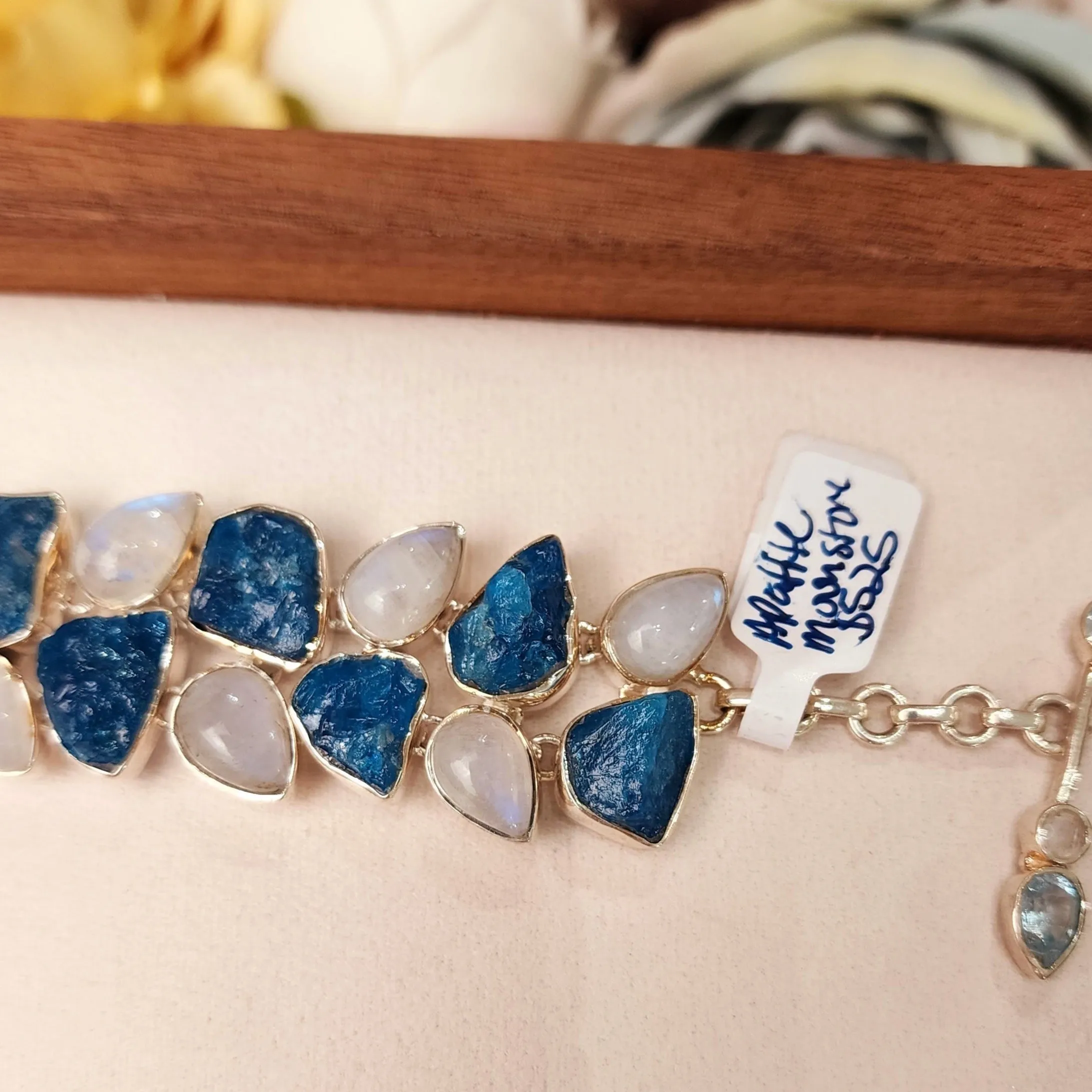 Paraíba Blue Apatite with Rainbow Moonstone Statement Bracelet .925 Silver for Starting Fresh and Healthy Choices