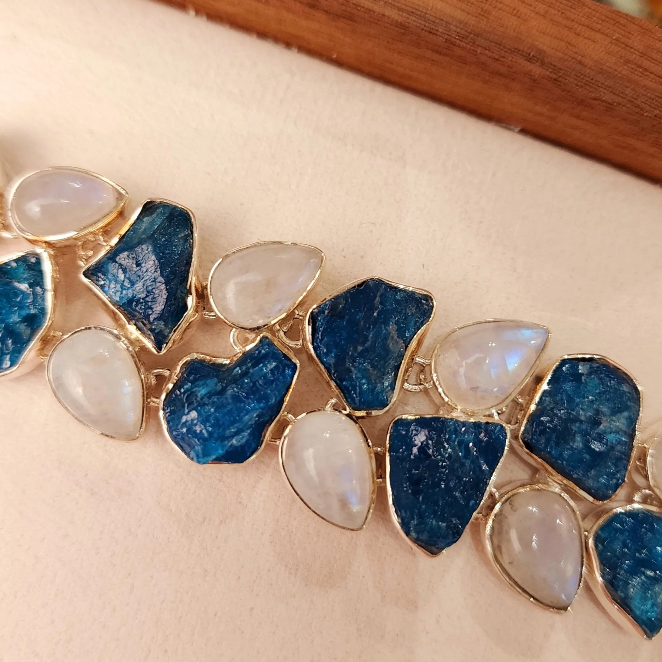 Paraíba Blue Apatite with Rainbow Moonstone Statement Bracelet .925 Silver for Starting Fresh and Healthy Choices