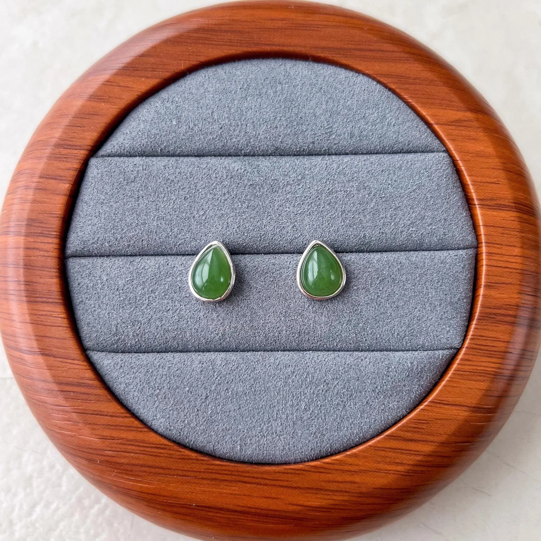 Pear Shape Jade Earring Studs, Style 1, Green Nephrite Jade Sterling Silver Earrings, JSY-0424-12281