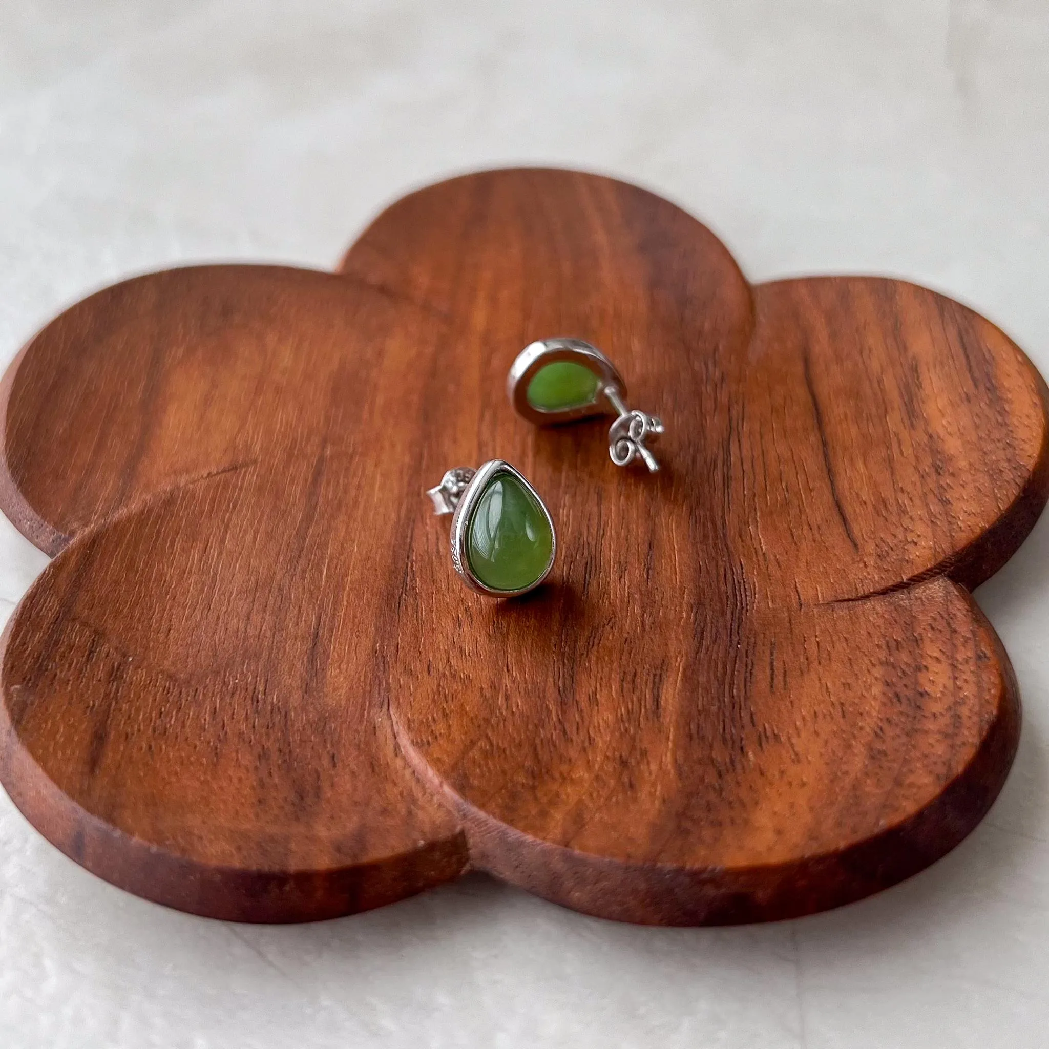 Pear Shape Jade Earring Studs, Style 1, Green Nephrite Jade Sterling Silver Earrings, JSY-0424-12281