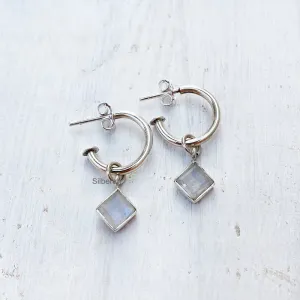 Rainbow Moonstone Hoop Silver Earring