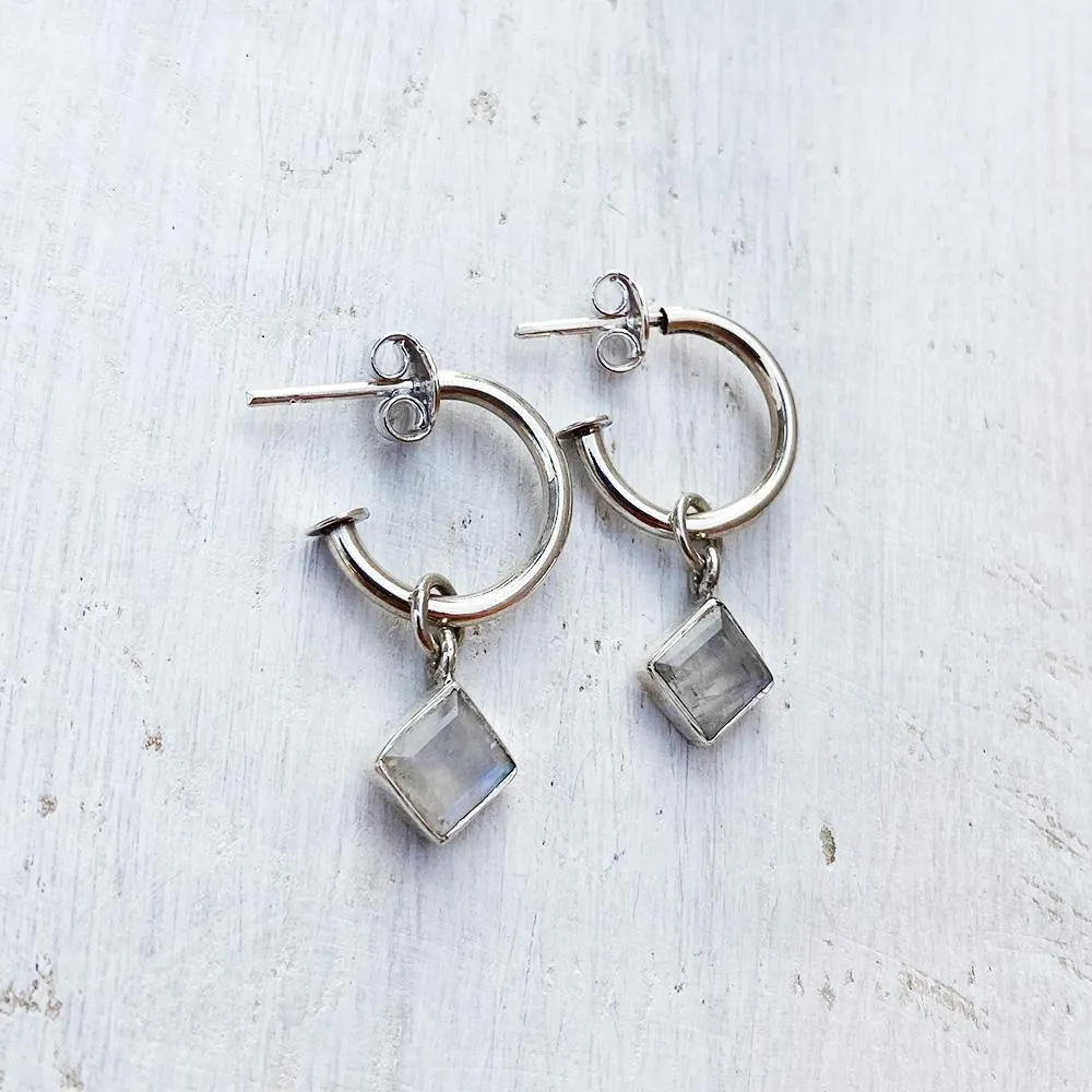 Rainbow Moonstone Hoop Silver Earring