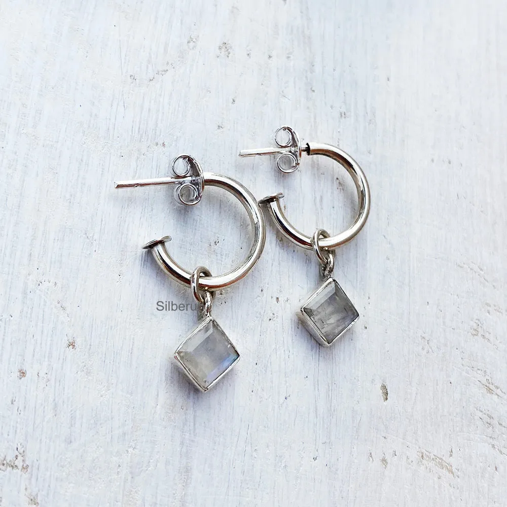 Rainbow Moonstone Hoop Silver Earring